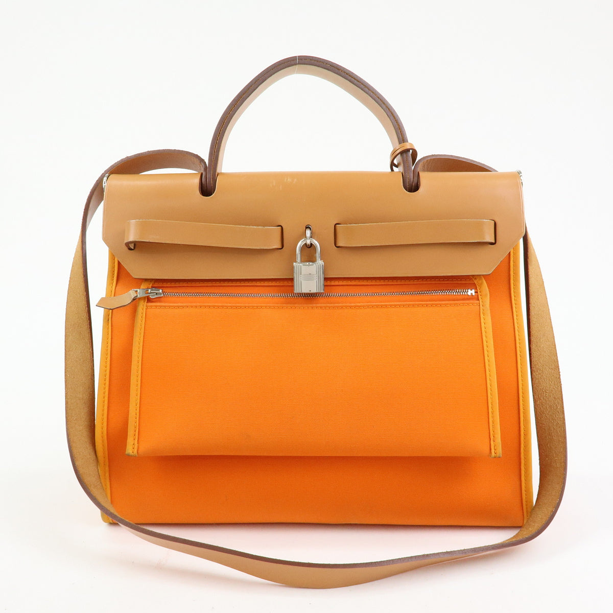HERMES Herline Toile Officier Leather 2Way Hand Shoulder Bag □T Stamped