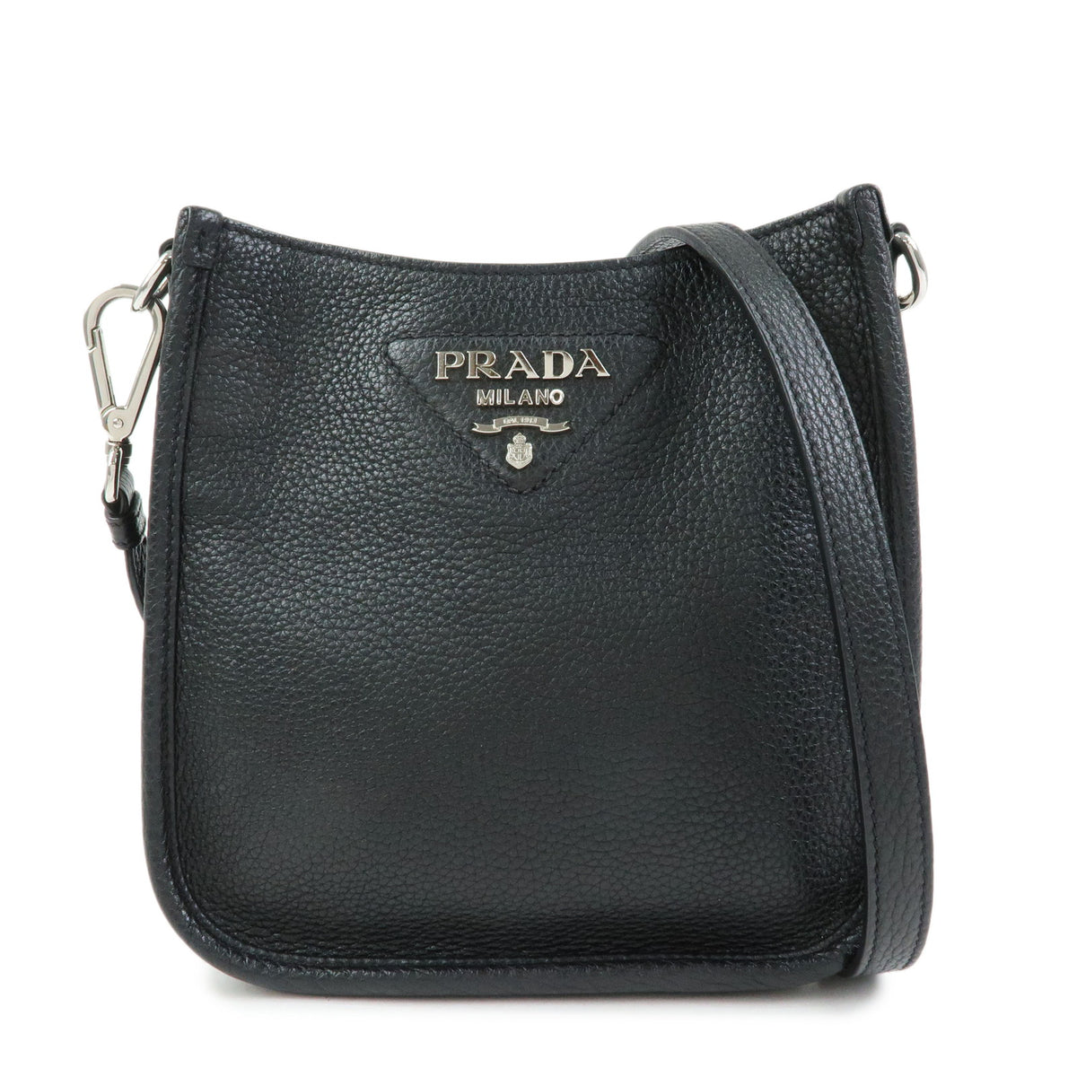PRADA Triangle Logo Vitello Daino Leather Shoulder Bag Black 1BH191