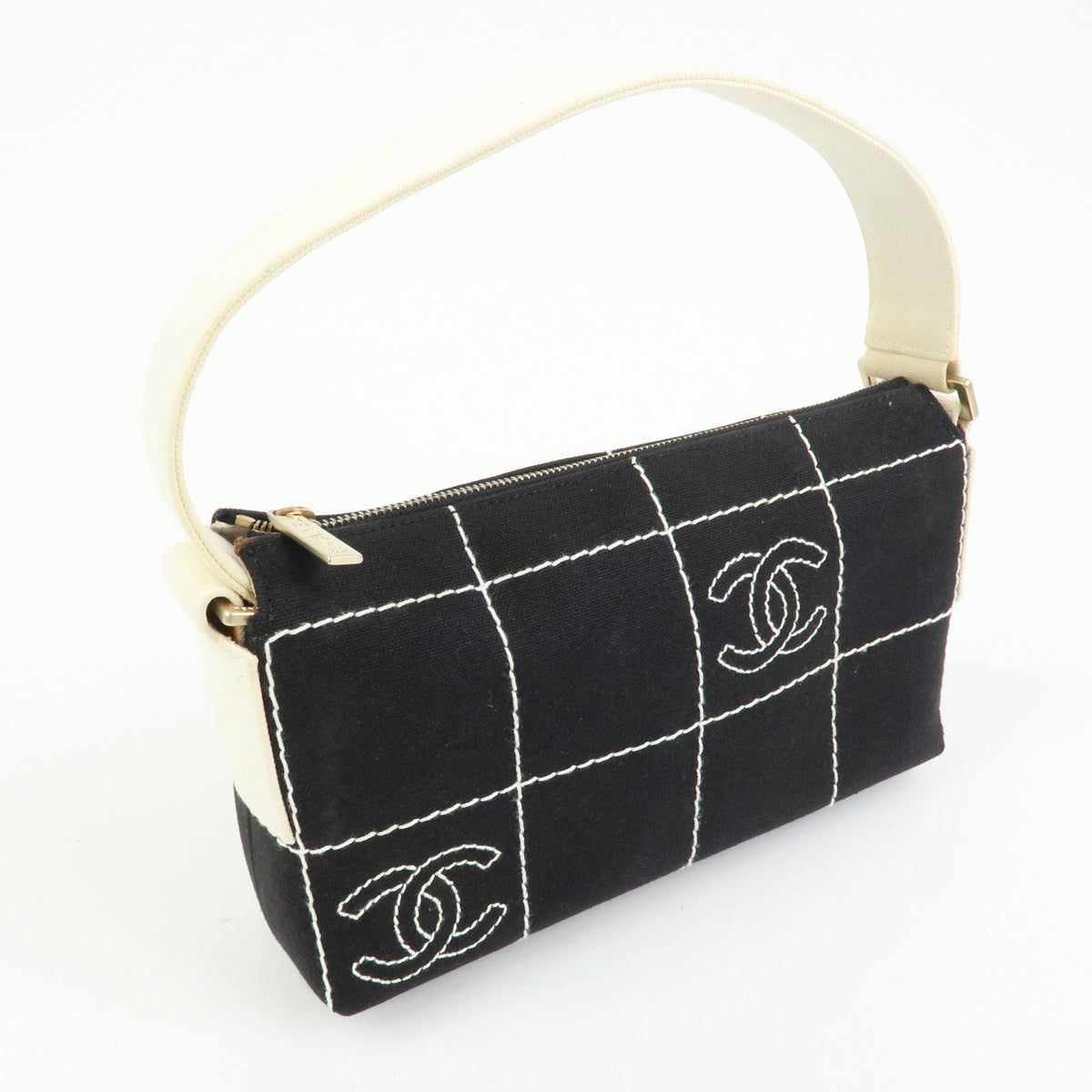 CHANEL Chocolate Bar COCO Mark Canvas Shoulder Bag Hand Bag Black White