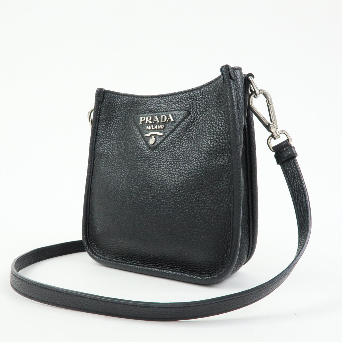 PRADA Triangle Logo Vitello Daino Leather Shoulder Bag Black 1BH191