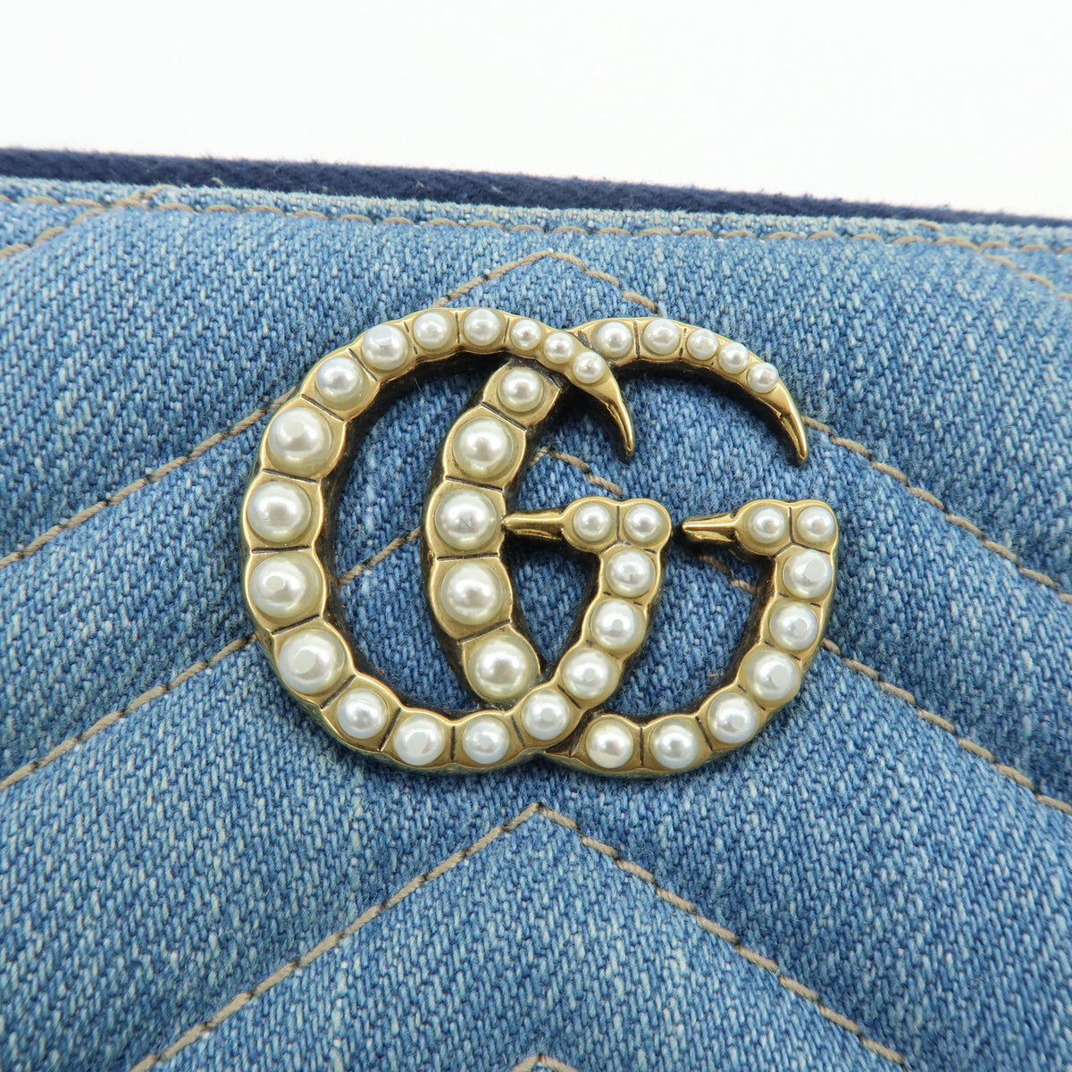 GUCCI GG Marmont Double G Denim Leather Round Zippy Wallet Blue 443123