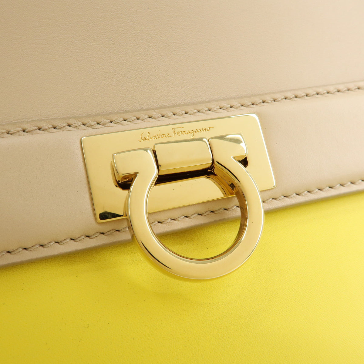 Ferragamo Gantini Leather 2Way Hand Bag Shoulder Bag Yellow Beige White