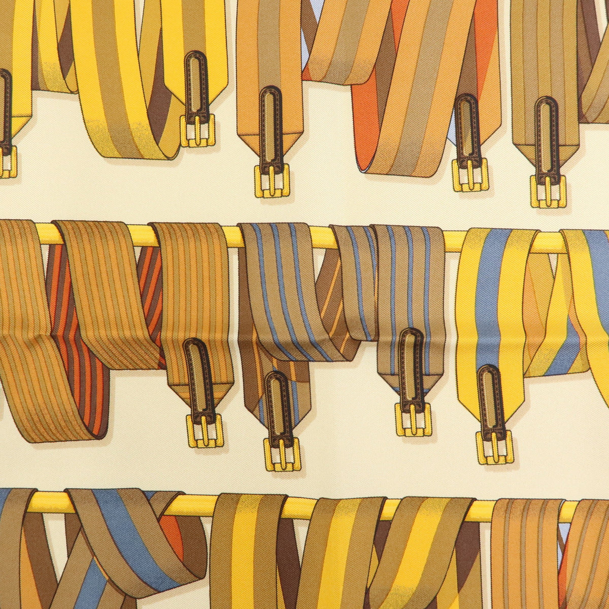 HERMES Carre 42 Silk 100% Scarf LES SANGLES Orange Brown Yellow