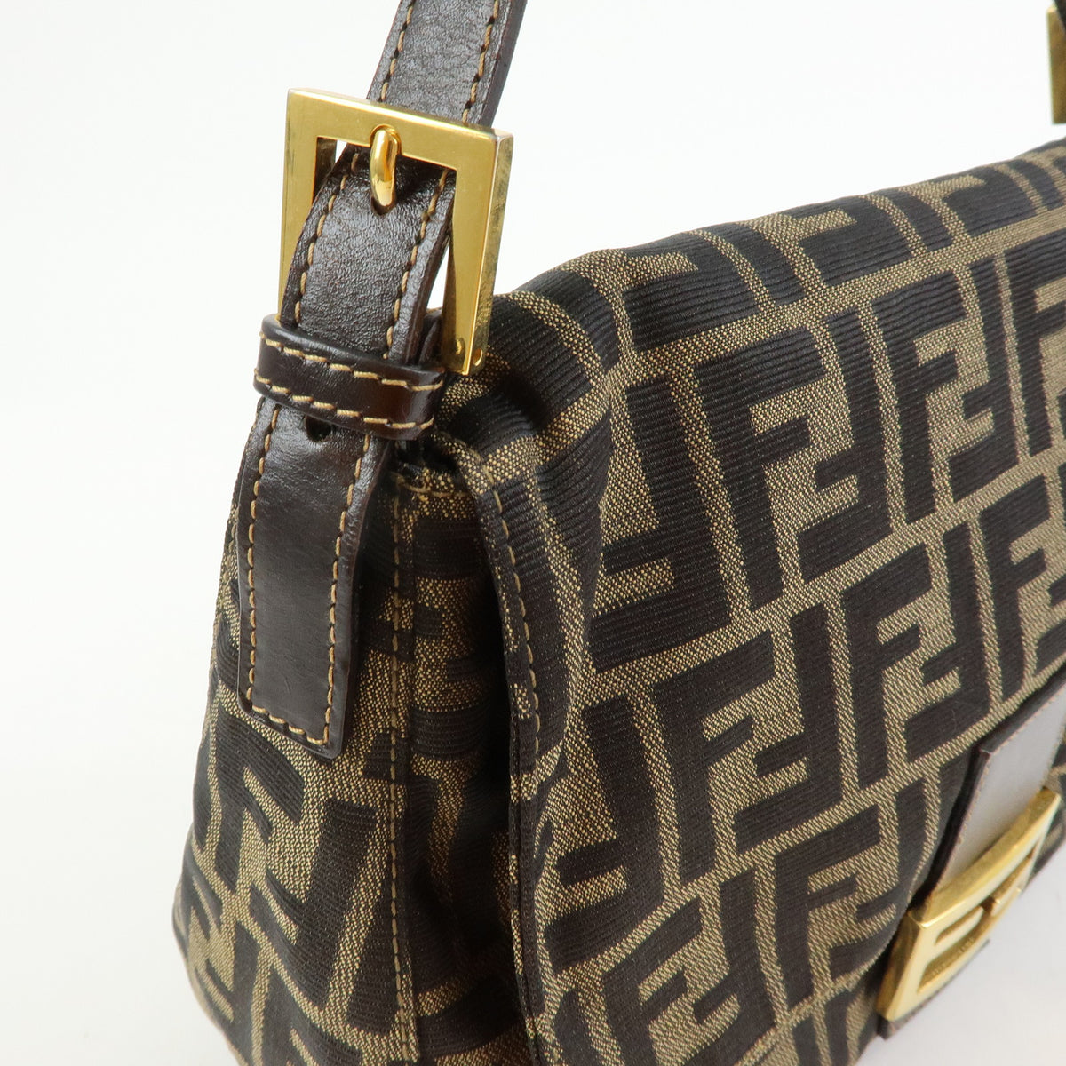 FENDI Zucca Mamma Baguette Canvas Leather Shoulder Bag Brown Gold 26325