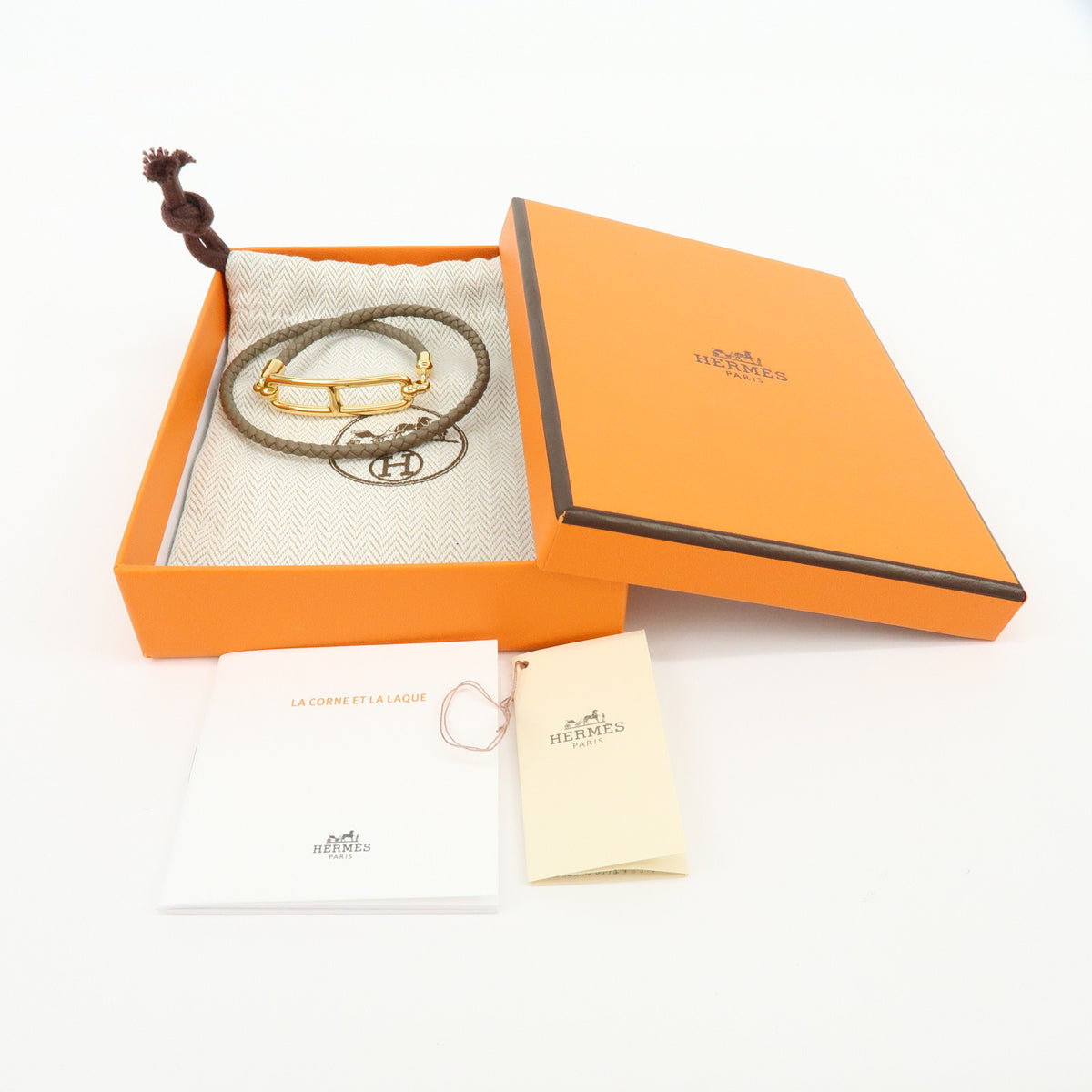 HERMES Leather Plated Roulis Double Tour Bracelet Beige Gold