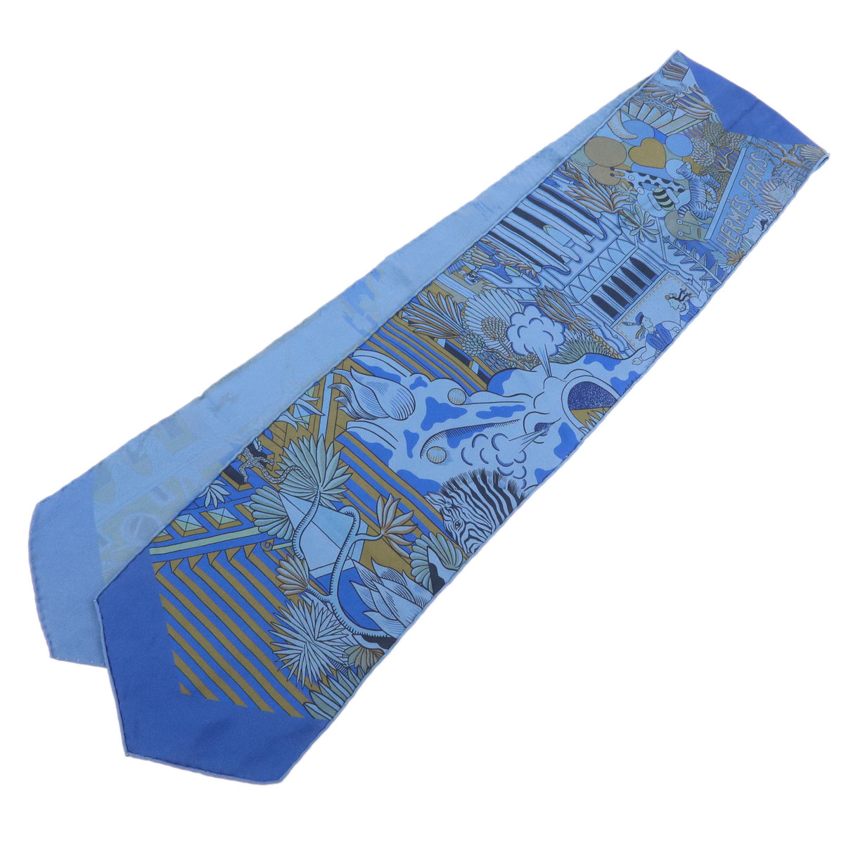 HERMES Maxi Twilly Silk 100% Scarf ANIMAPOLIS Blue Beige Black