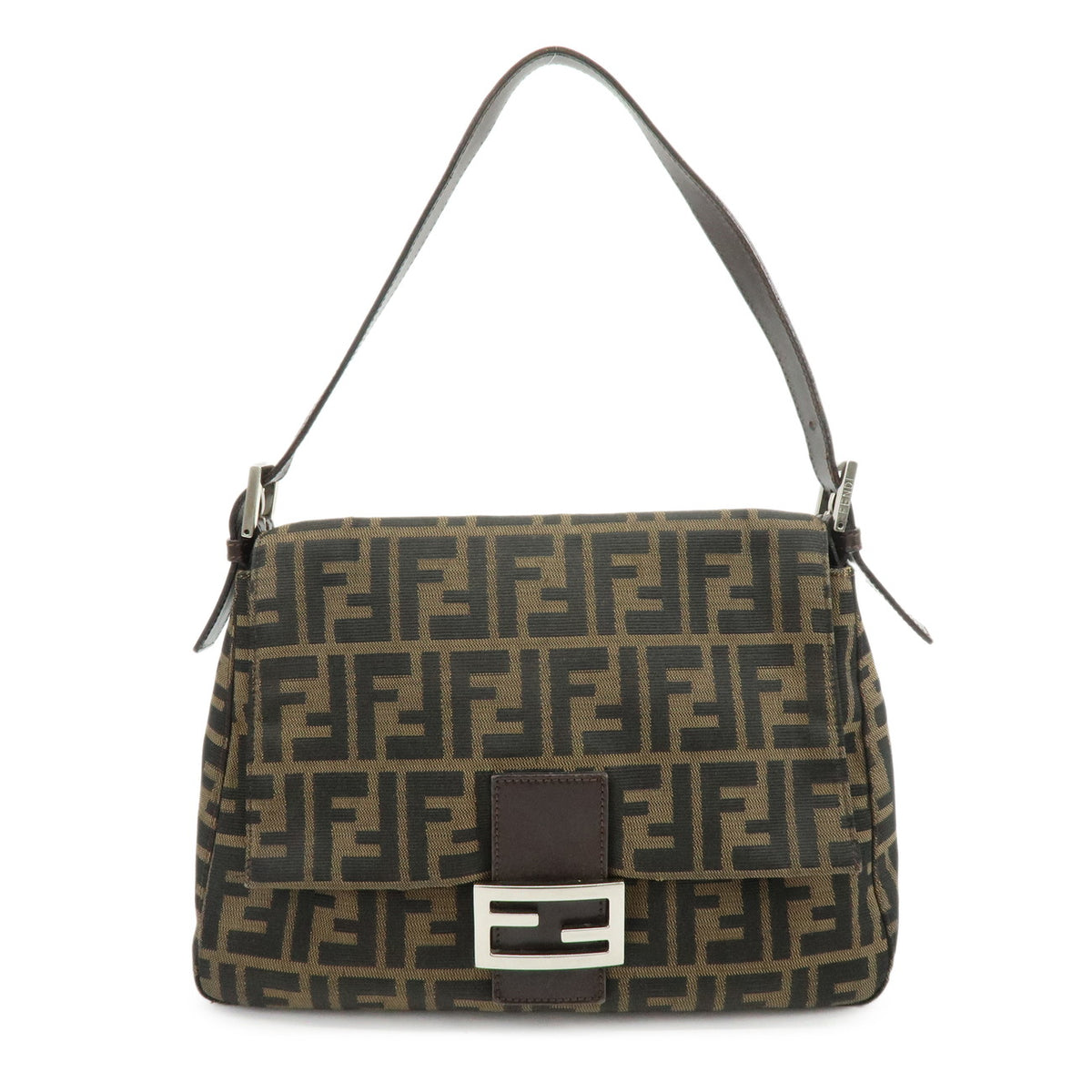 FENDI Mamma Baguette Zucca Canvas Leather Shoulder Bag Brown 26325