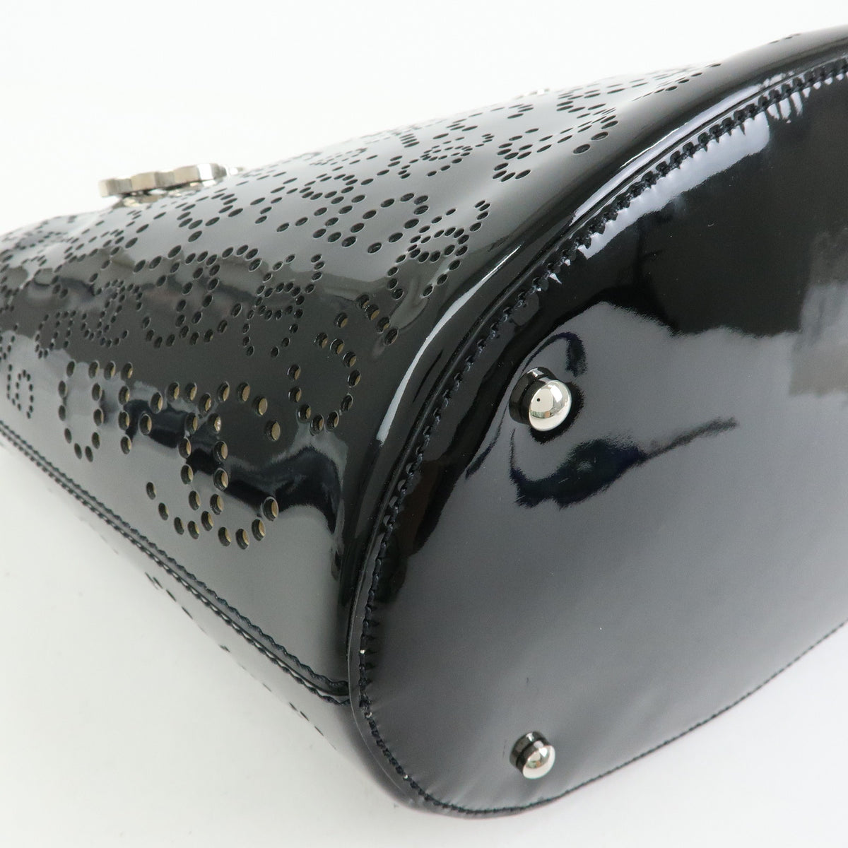 CHANEL COCO Mark Patent Leather Perforated Punching Hand Tote Bag Black
