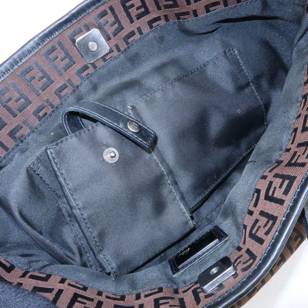 FENDI Zucchino Canvas Leather Tote Bag Hand Bag Brown Black 8BH075