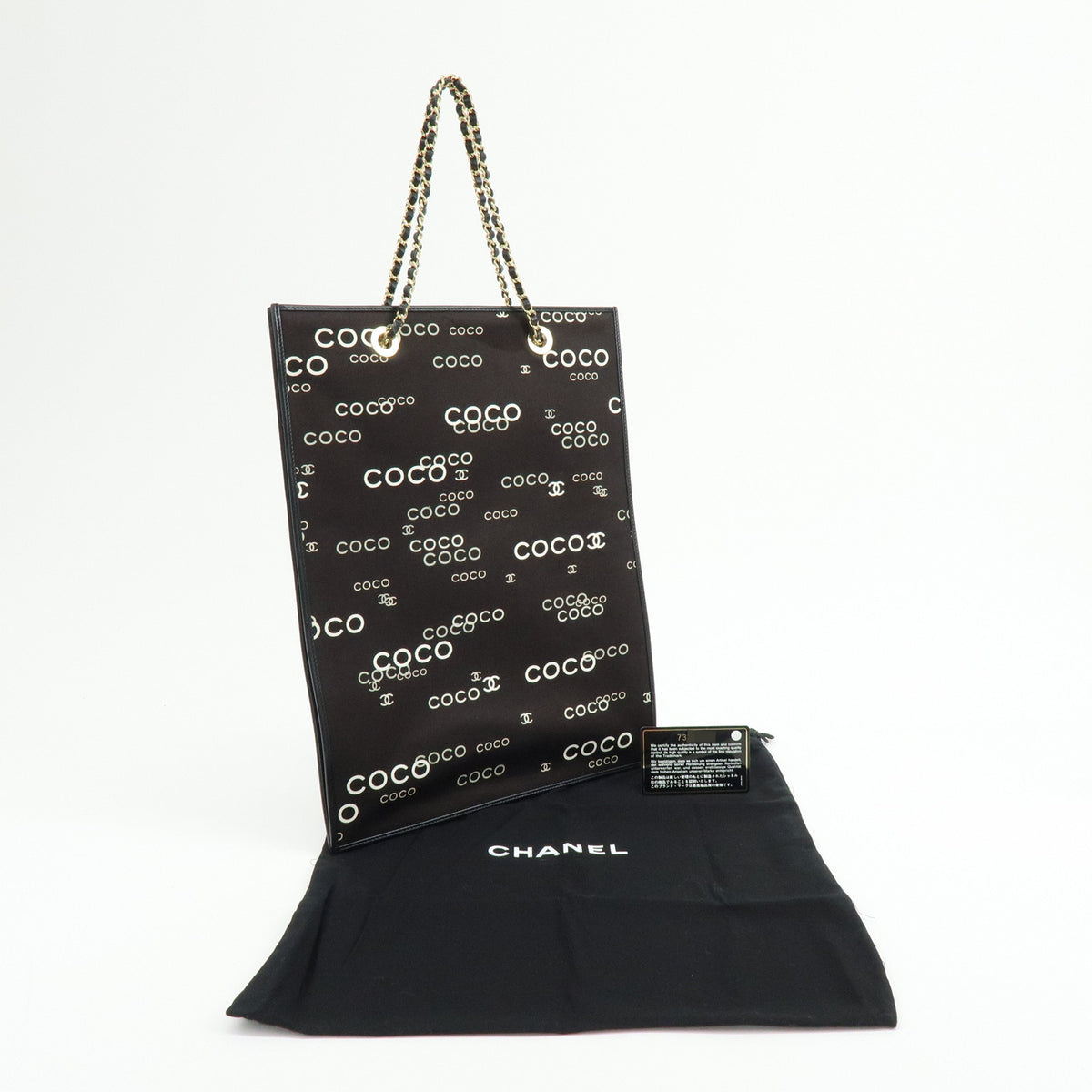 CHANEL COCO Mark Flat Shopper Canvas Leather Chain Tote Bag Black White