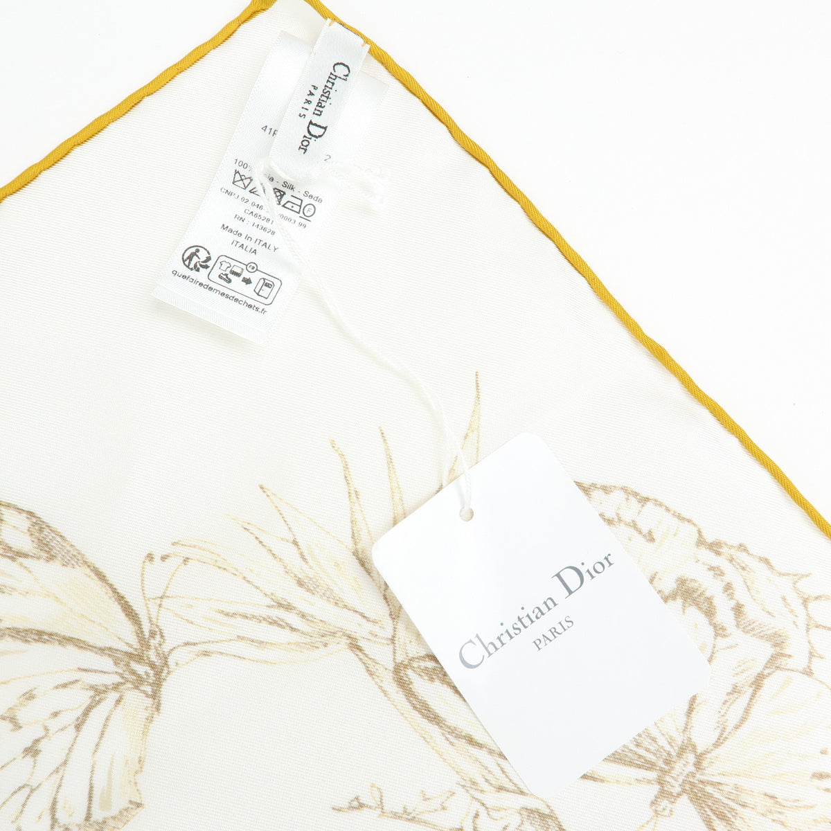 Christian Dior Silk 100% Gold Butterfly Pattern Scarf White Gold