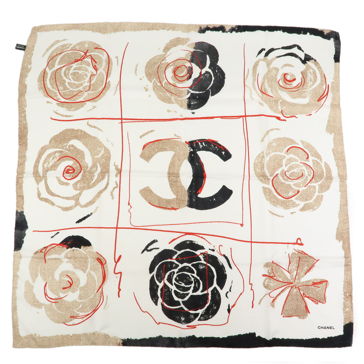 CHANEL COCO Mark Camellia Silk 100% Scarf White Black Red Beige