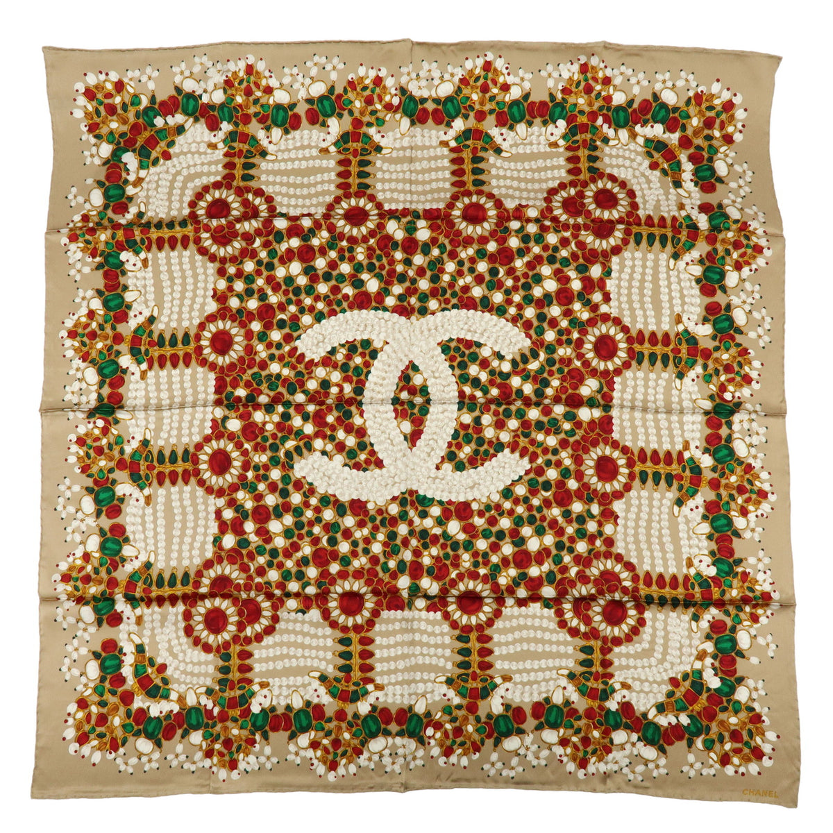 CHANEL COCO Mark Silk100% Jewelry Pattern Scarf Brown Red