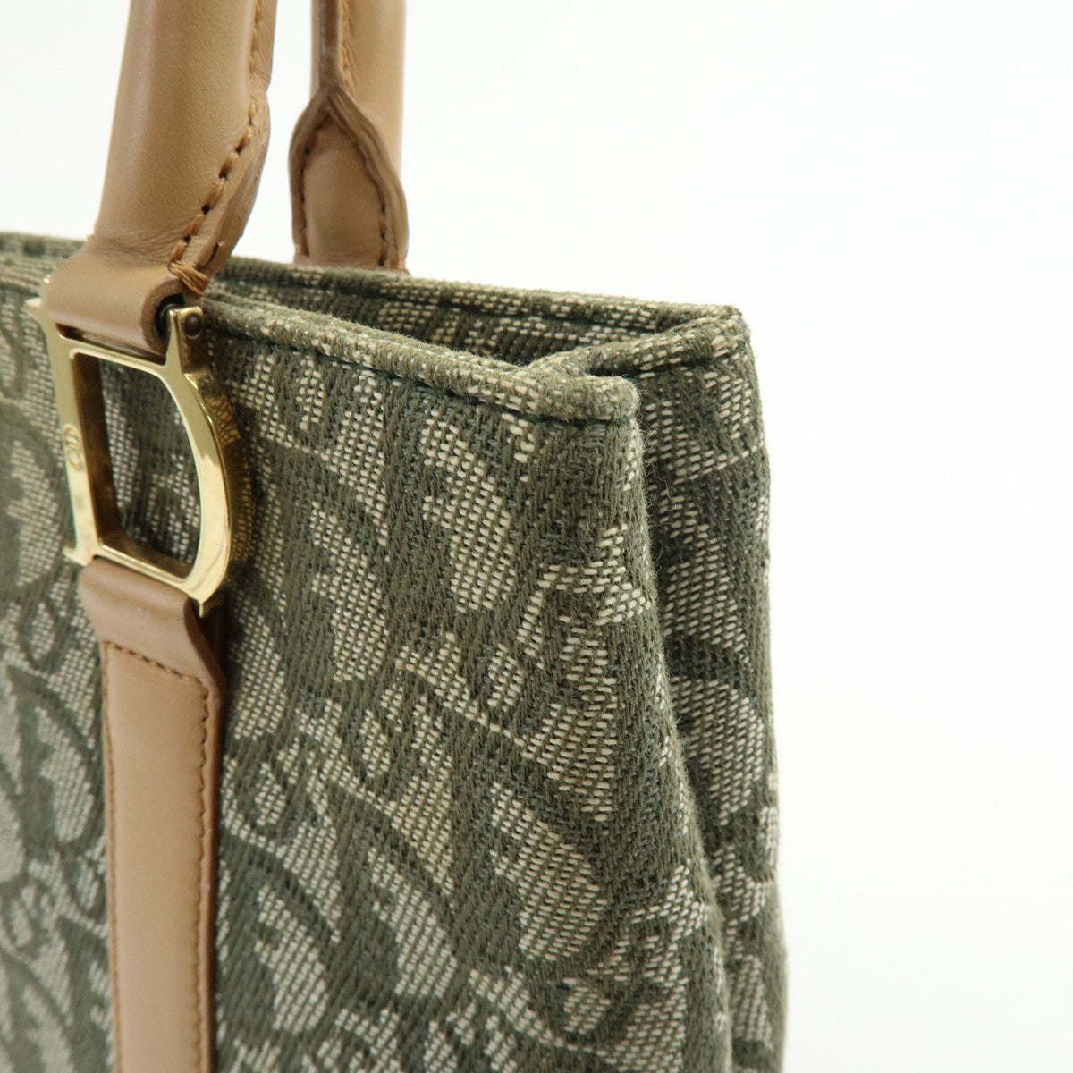 Christian Dior Trotter Jacquard Canvas Leather Hand Bag Tote Bag Green