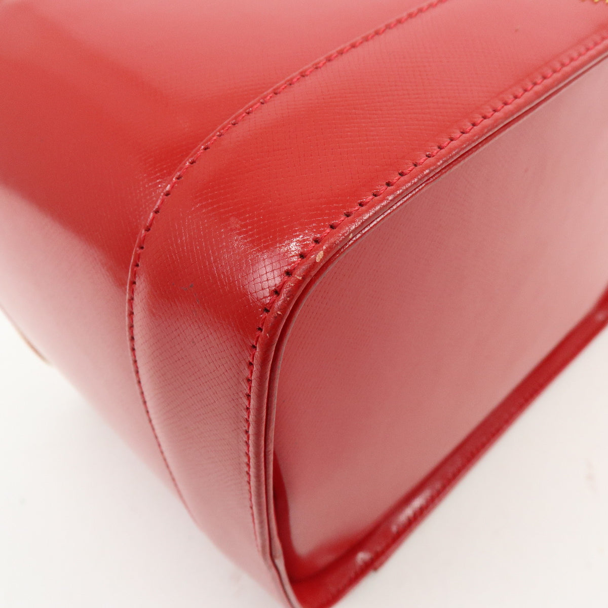 GIANNI VERSACE Leather Hand Bag Vanity Case Sunburst Charm Red