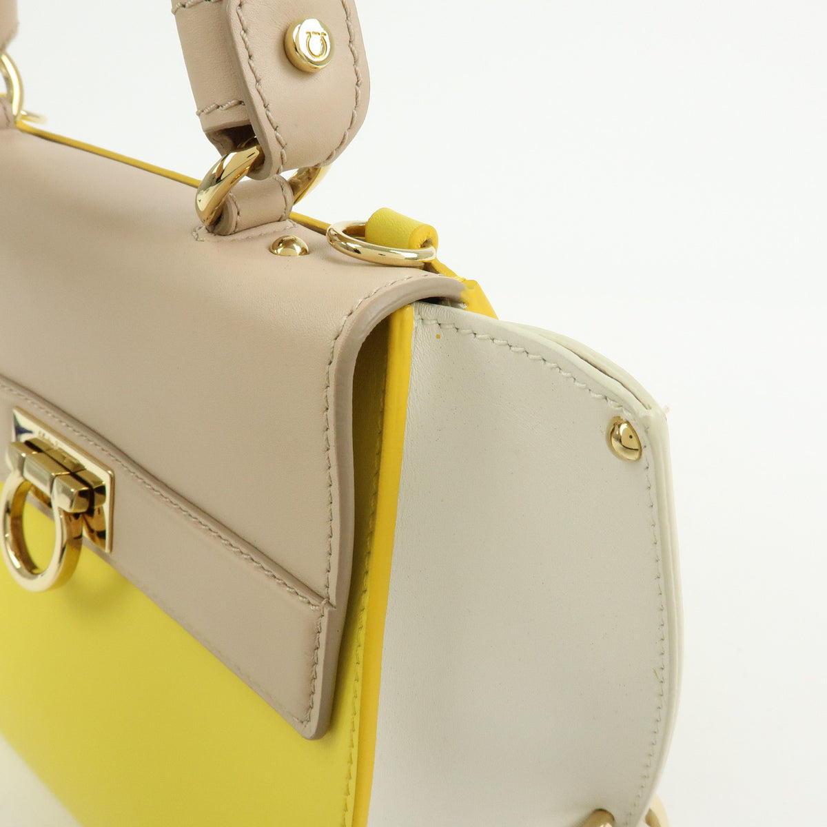 Ferragamo Gantini Leather 2Way Hand Bag Shoulder Bag Yellow Beige White