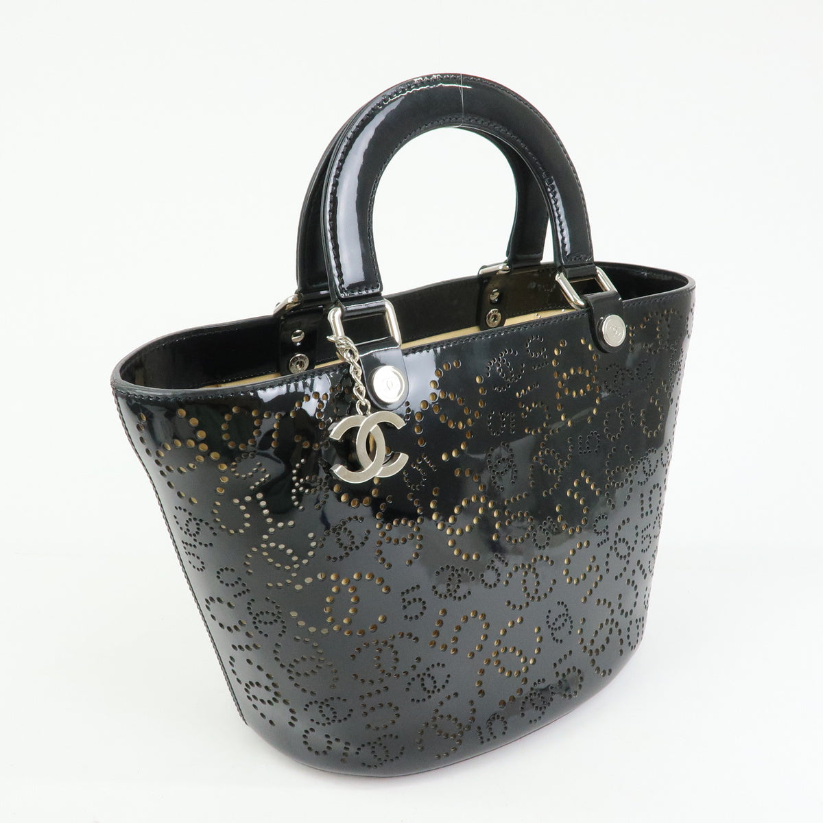 CHANEL COCO Mark Patent Leather Perforated Punching Hand Tote Bag Black