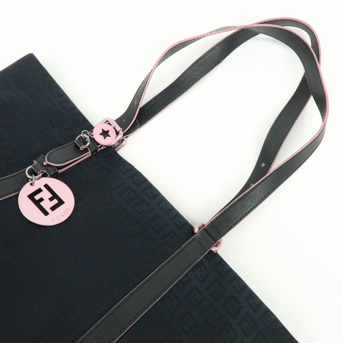 FENDI Zucchino Canvas Leather Tote Bag Shoulder Bag Black 8BH215
