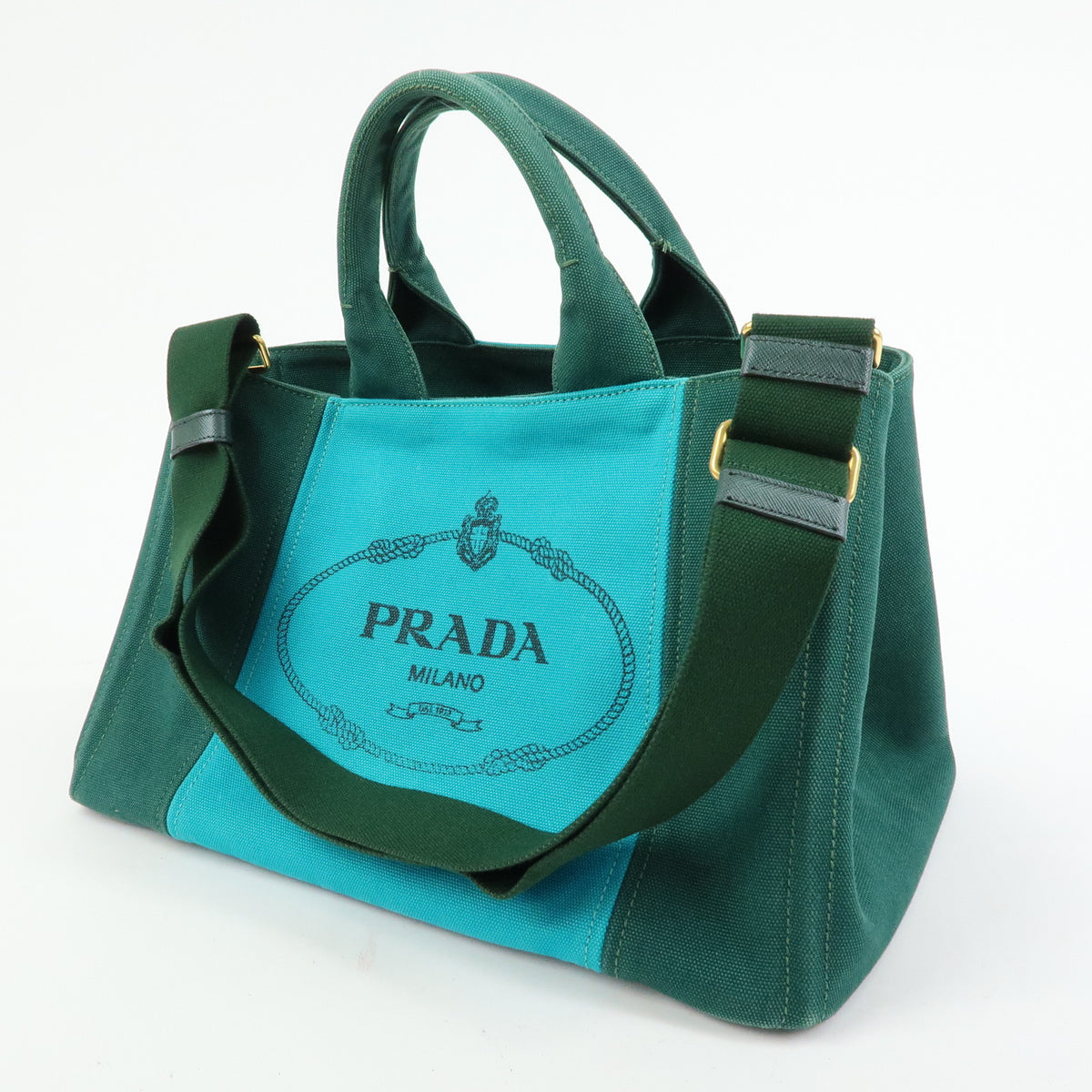 PRADA Logo Canapa Triangle Logo 2Way Tote Hand Bag Green Blue BN2642