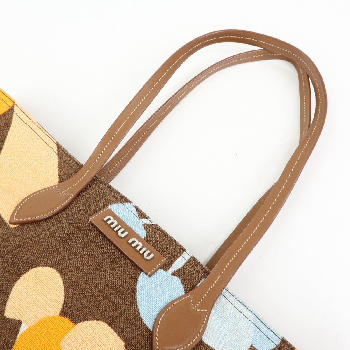 MIU MIU Logo Canvas Leather Tote Shoulder Bag Flower Brown 5BG126
