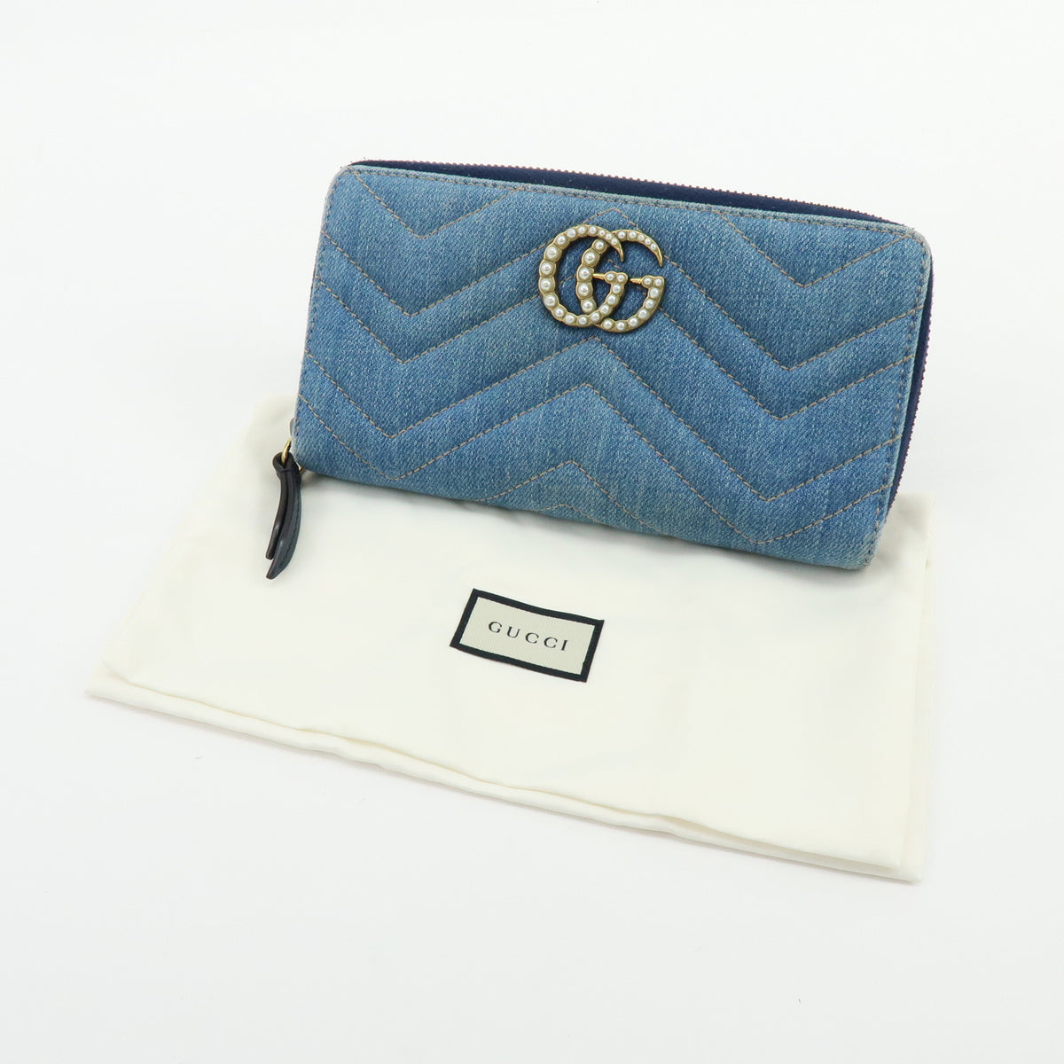 GUCCI GG Marmont Double G Denim Leather Round Zippy Wallet Blue 443123