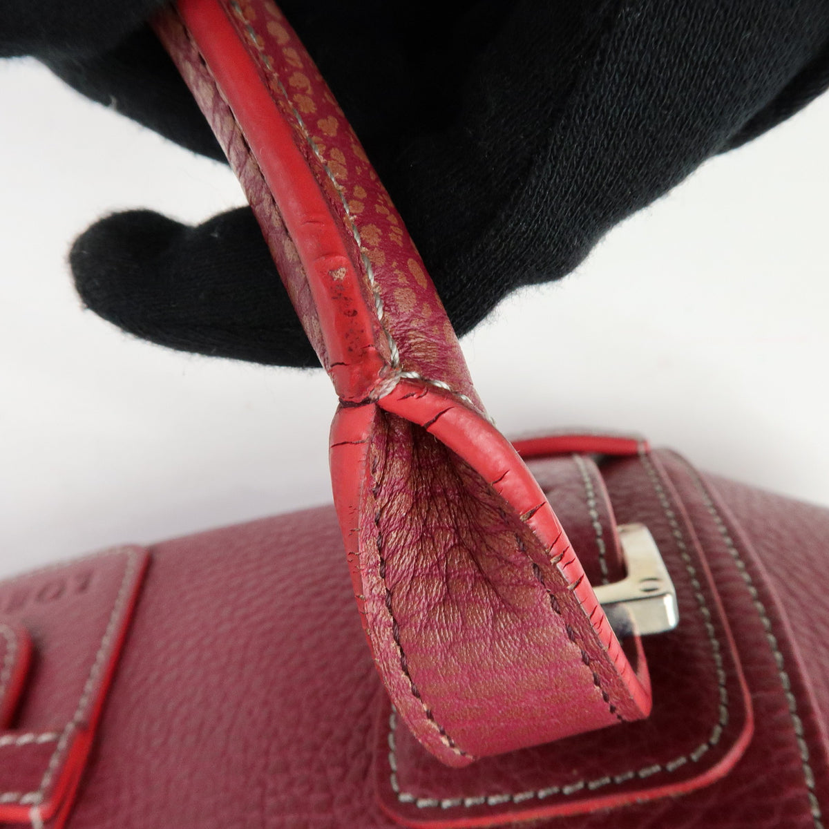 LOEWE Senda Leather Boston Bag Hand Bag Buckle Design Bordeaux