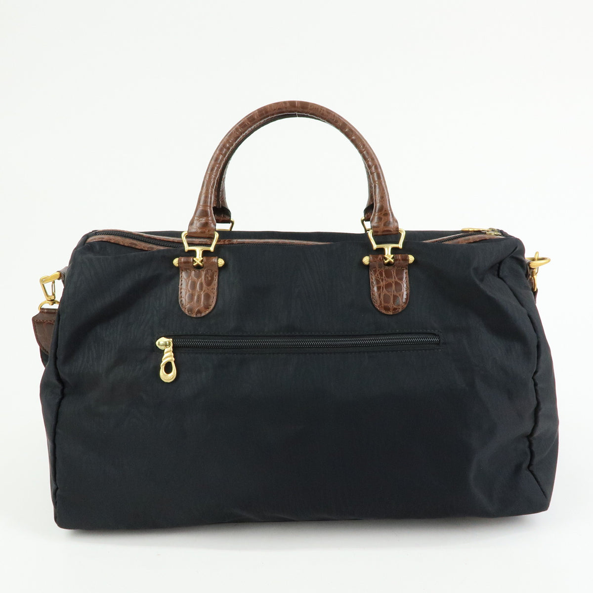BALENCIAGA Nylon Embossed Leather Boston Bag Black Brown