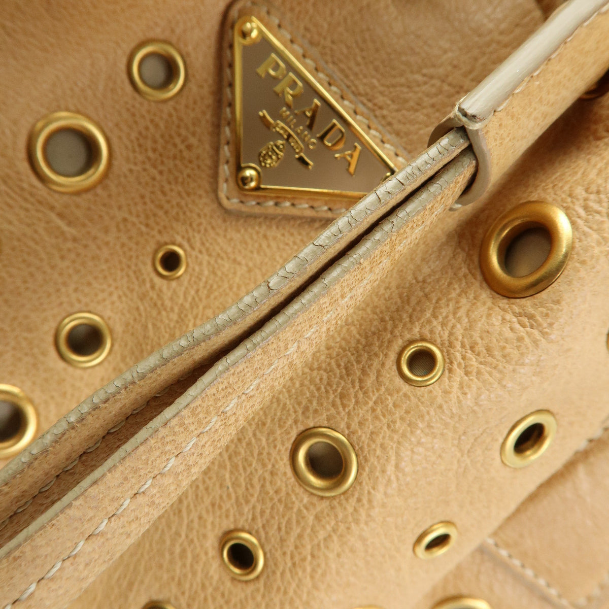 PRADA Triangle Logo Perforated Leather Tote Bag Tassel Beige BR3552