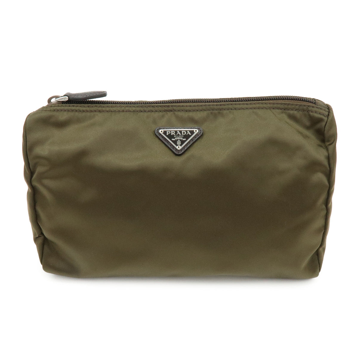 PRADA Triangle Logo Nylon Cosmetic Pouch Makeup Case Khaki Brown 1NA012