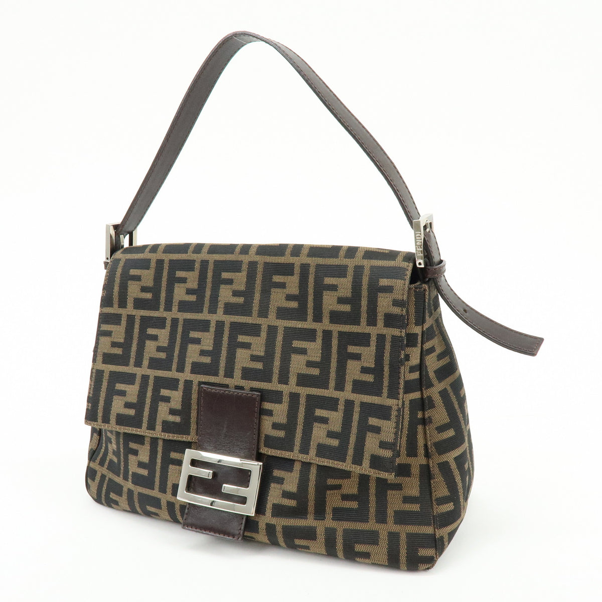 FENDI Mamma Baguette Zucca Canvas Leather Hand Bag Brown 26325