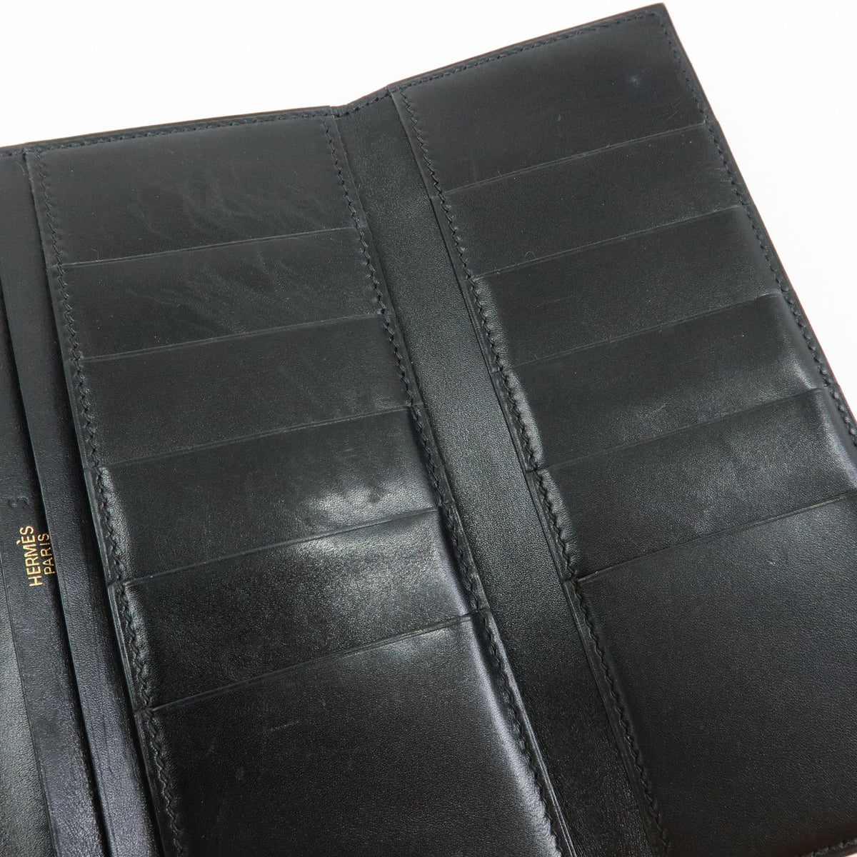 HERMES Bearn Leather Bi-fold Long Wallet □I Stamped Black Gold