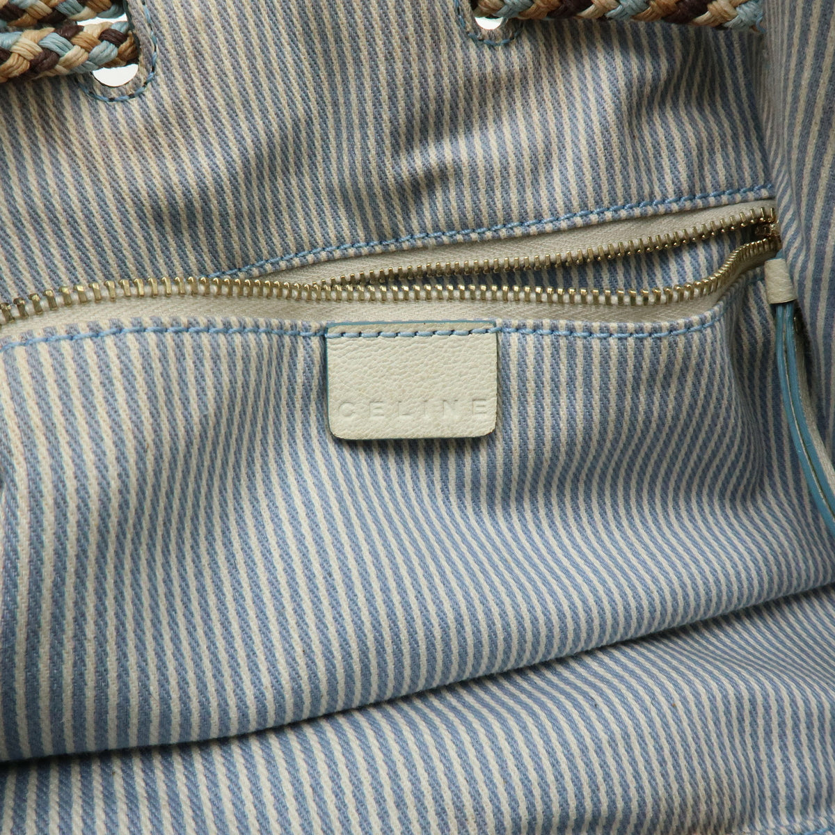 CELINE Macadam Canvas Leather Raffia Hand Bag Light Blue White