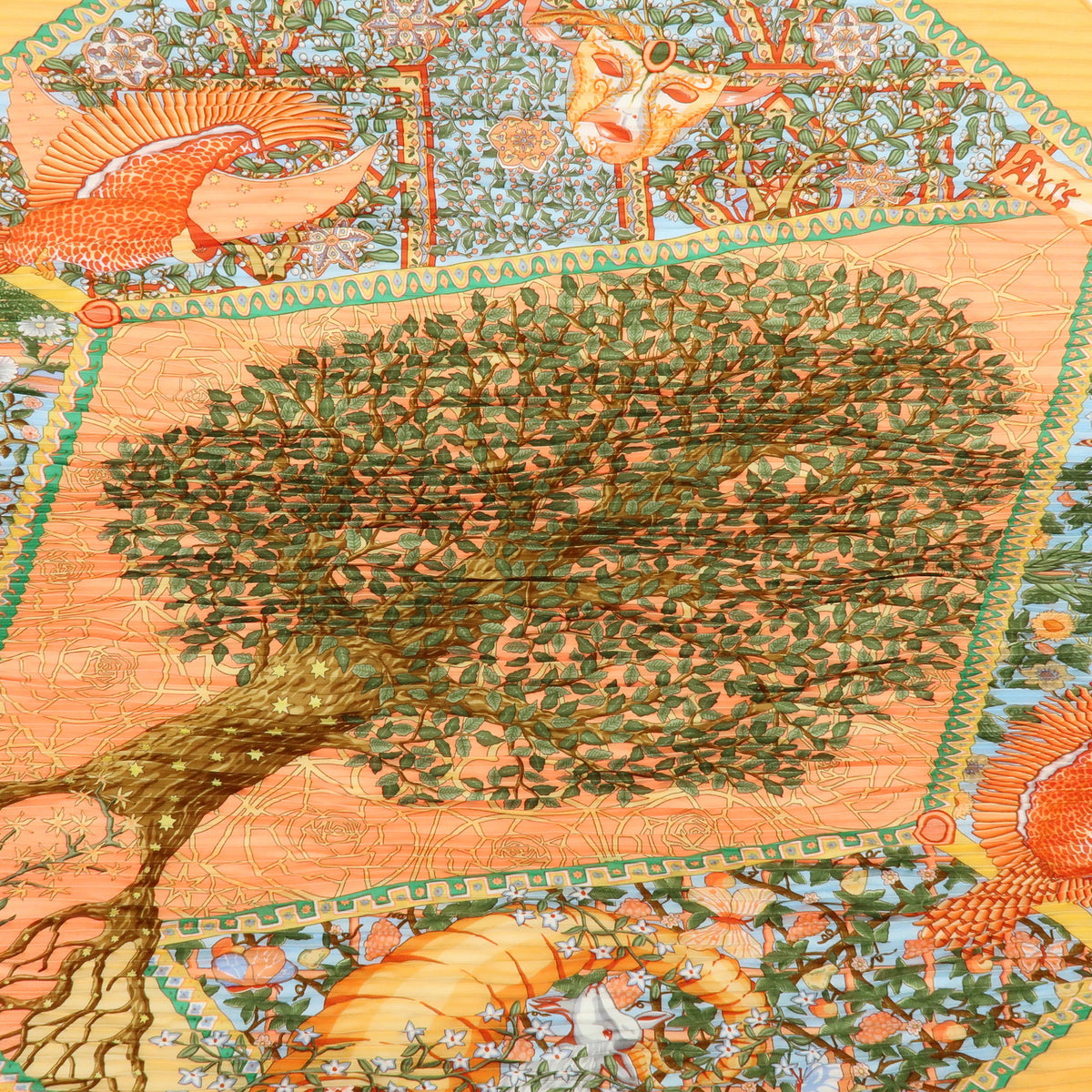 HERMES Pleated Carre Silk 100% Scarf AXIS MUNDI Orange
