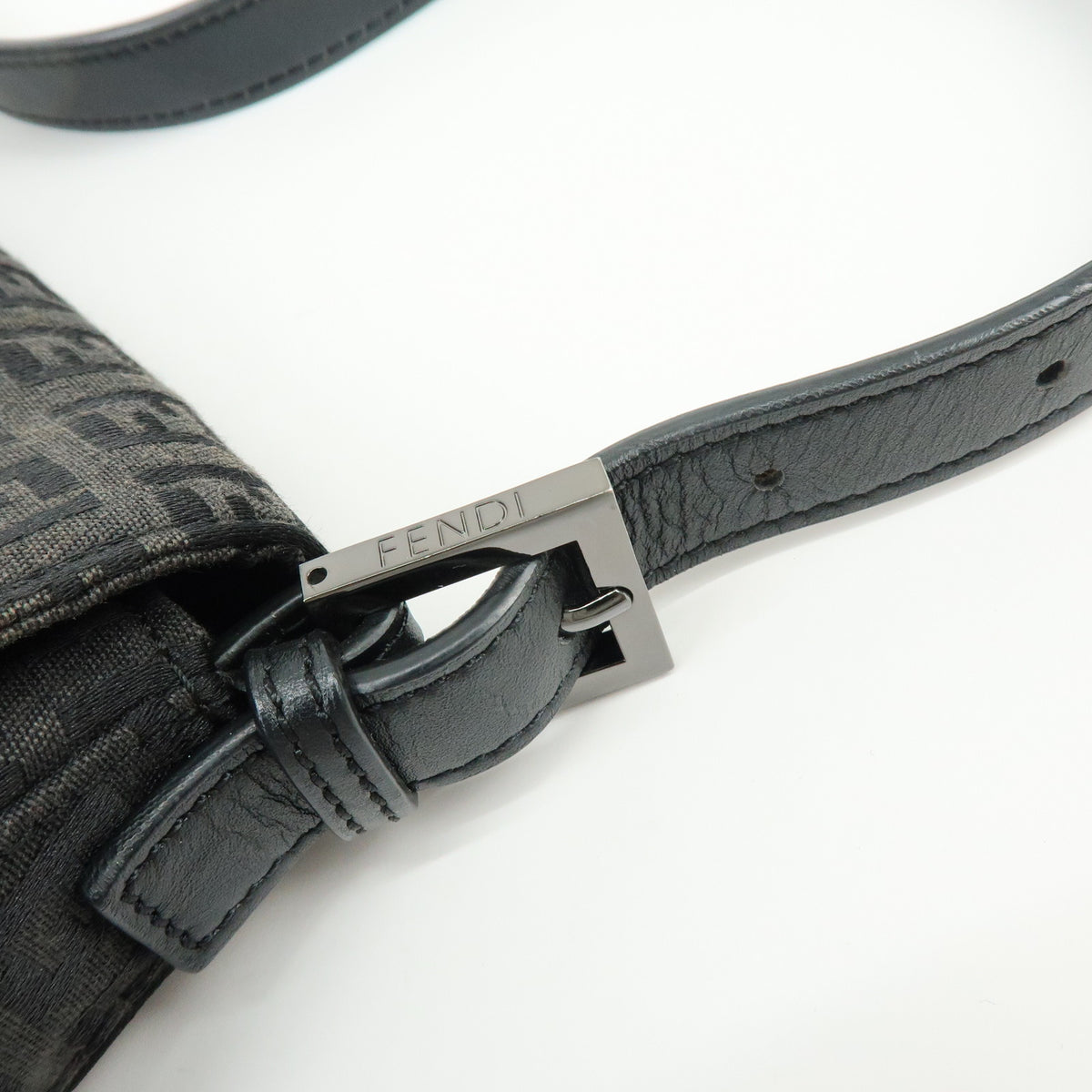 FENDI Mamma Baguette Zucchino Canvas Leather Shoulder Bag Black 8BR001