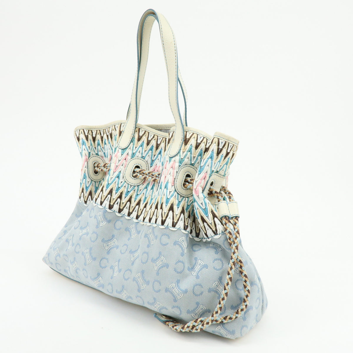 CELINE Macadam Canvas Leather Raffia Hand Bag Light Blue White