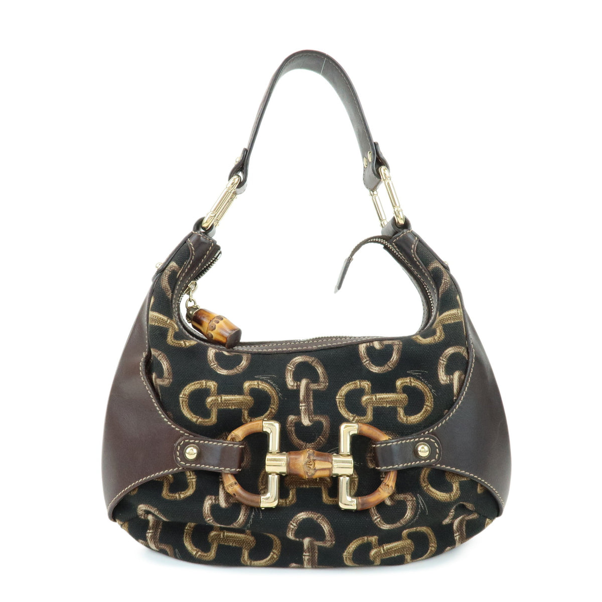 GUCCI Bamboo Horsebit Canvas Leather Shoulder Bag Dark Brown 154378