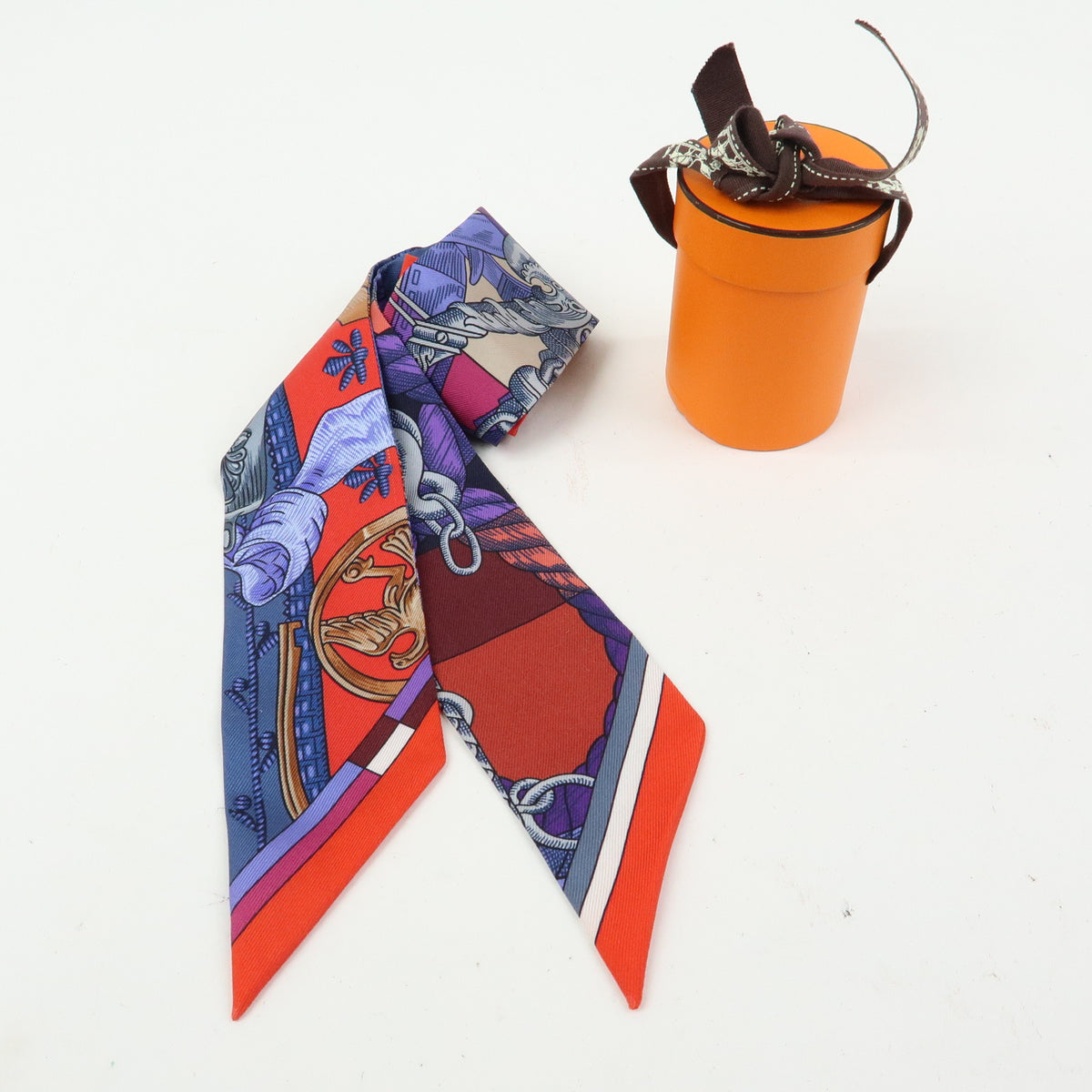 HERMES Twilly Silk 100% Scarf CAVALLERIA D ETRIERS Red Purple Blue
