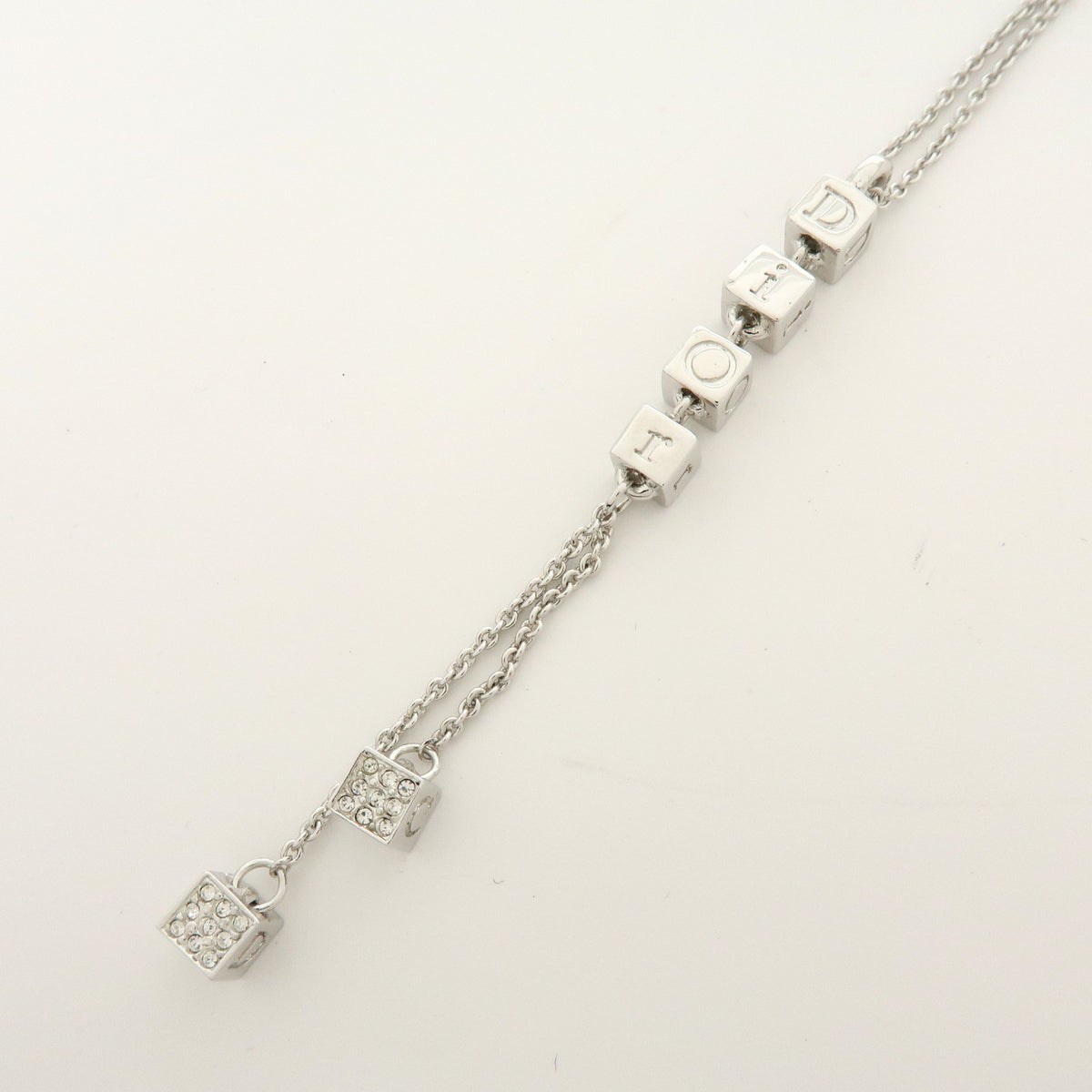 Christian Dior Metal Rhinestone Logo Cube Necklace Silver