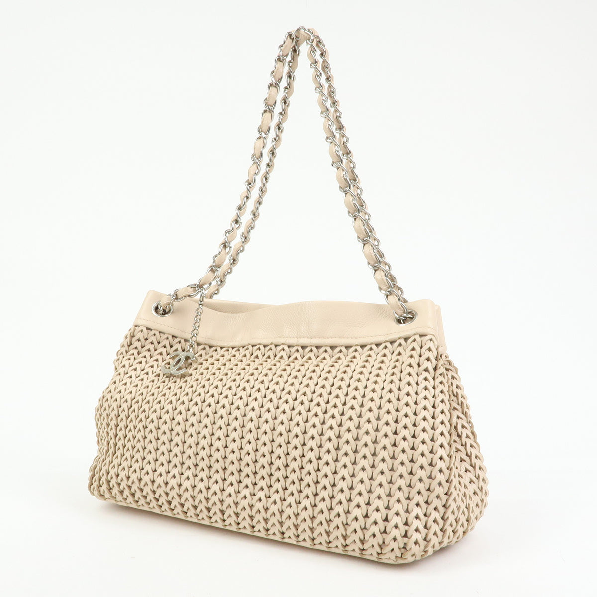 CHANEL Caviarskin Mesh CC Charm Chain Shoulder Bag Beige A28002