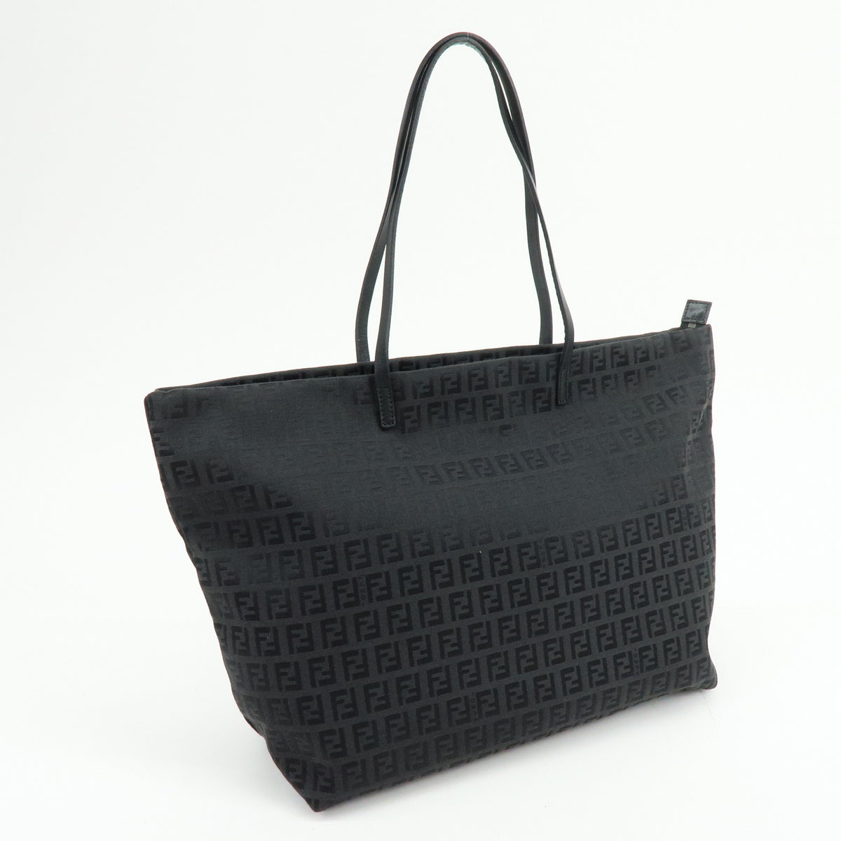 FENDI Zucchino Jacquard Canvas Leather Tote Bag Hand Bag Black 8BH025