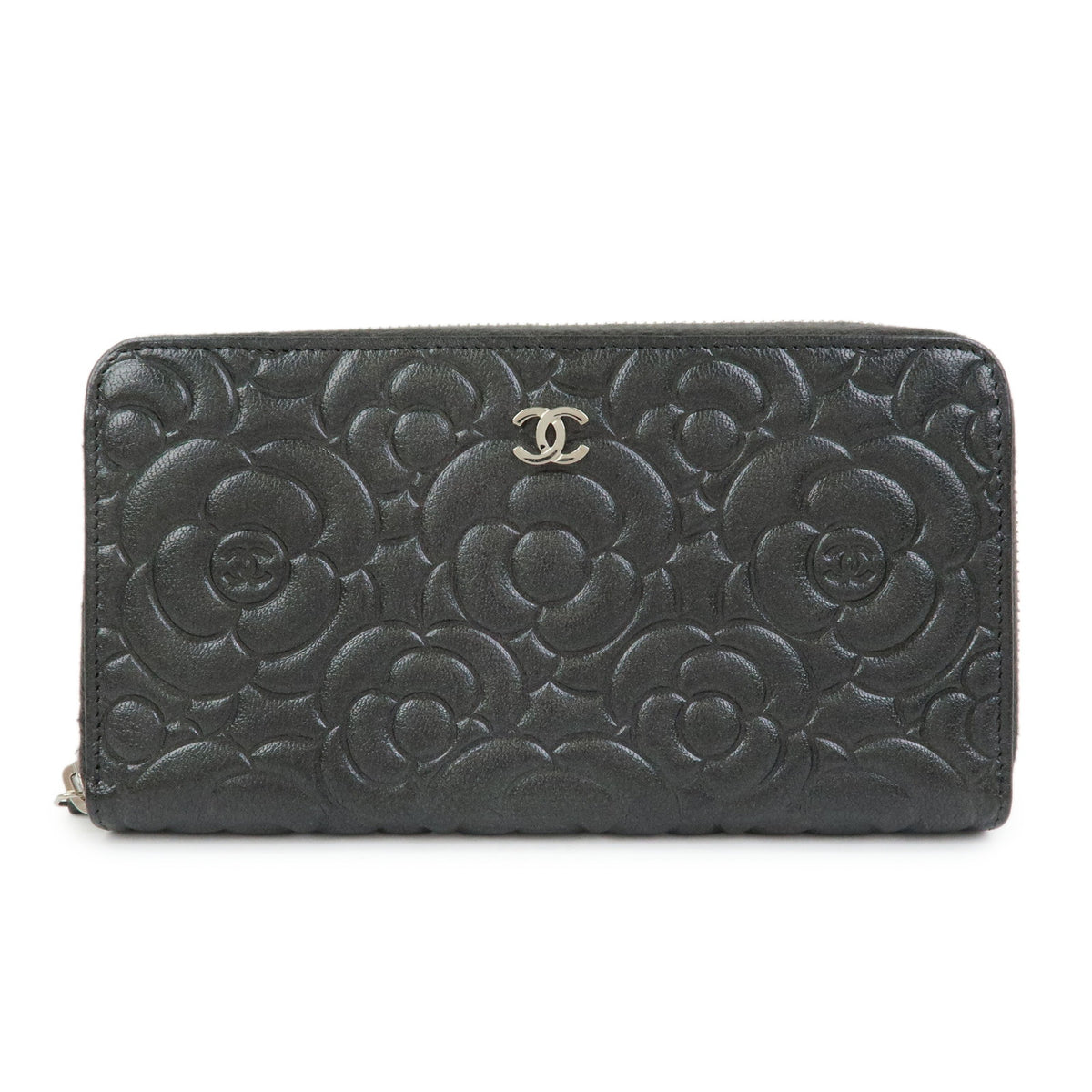 CHANEL Camellia COCO Mark Calf Leather Round Zippy Wallet Grey A82281