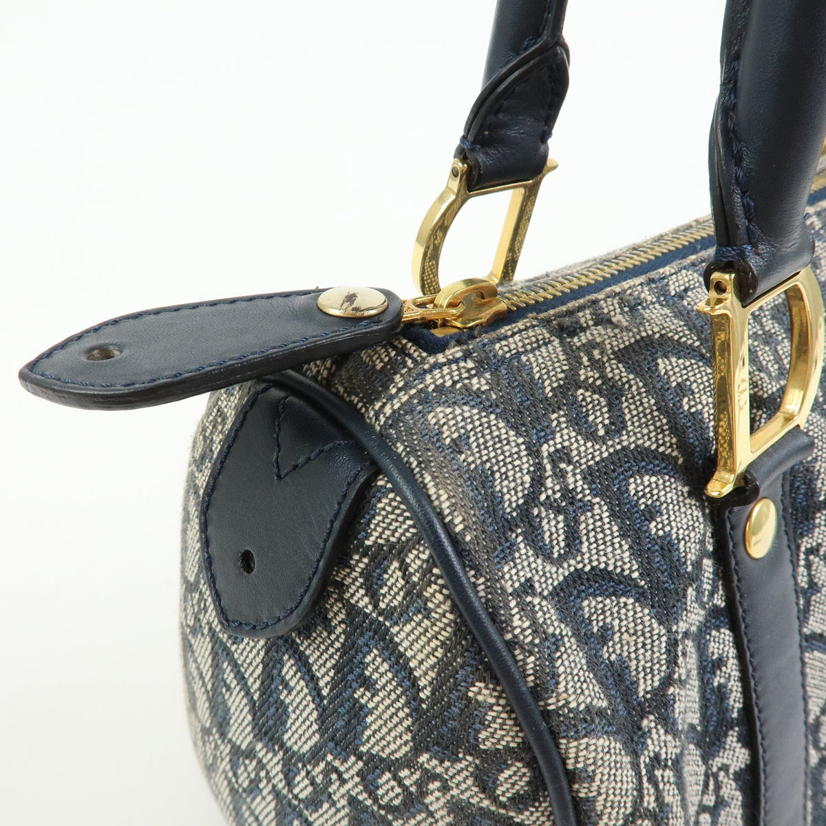 Christian Dior Trotter Jacquard Canvas Leather Boston Bag Hand Bag Navy