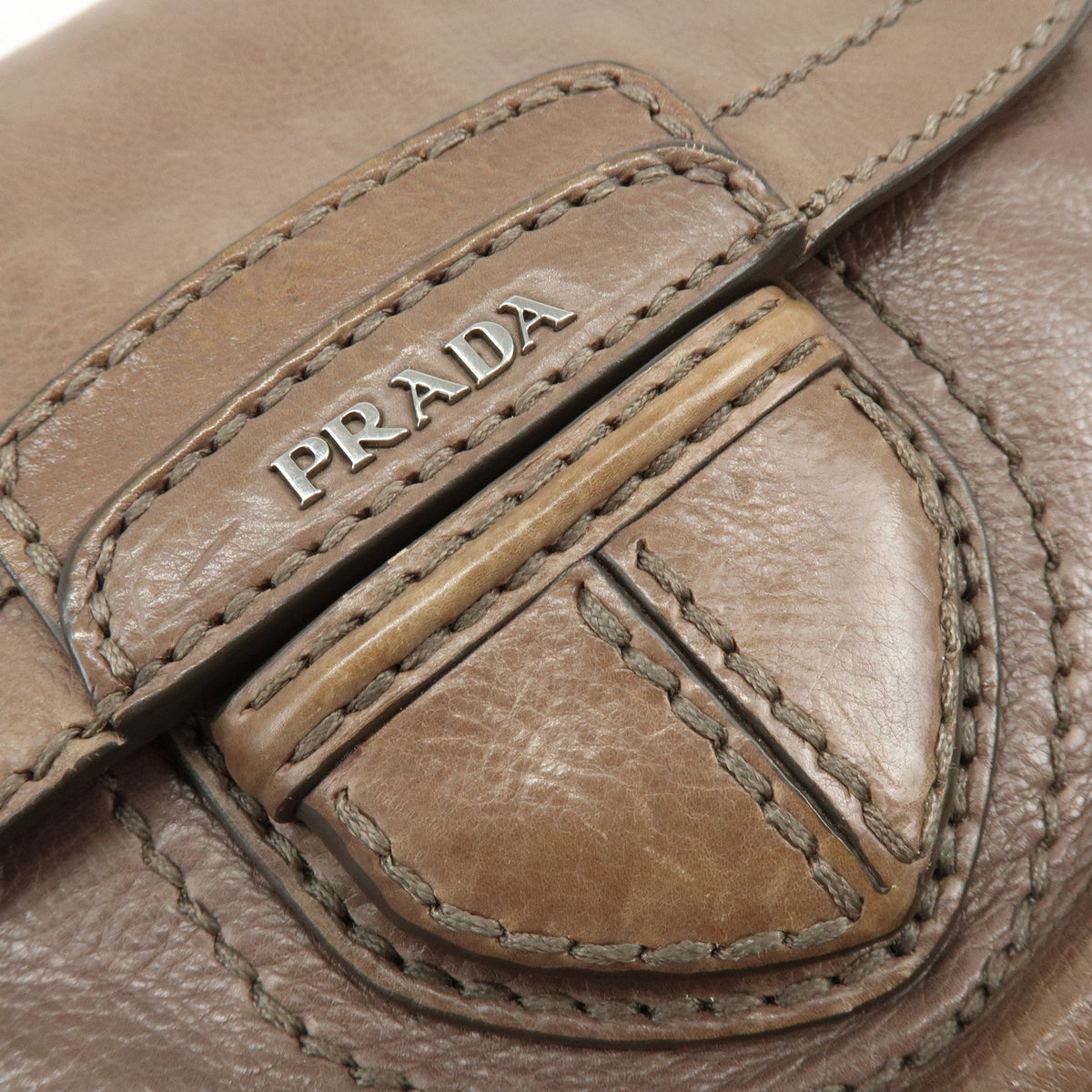 PRADA Logo Leather Flap Chain Shoulder Bag Hand Bag Greige B4659C