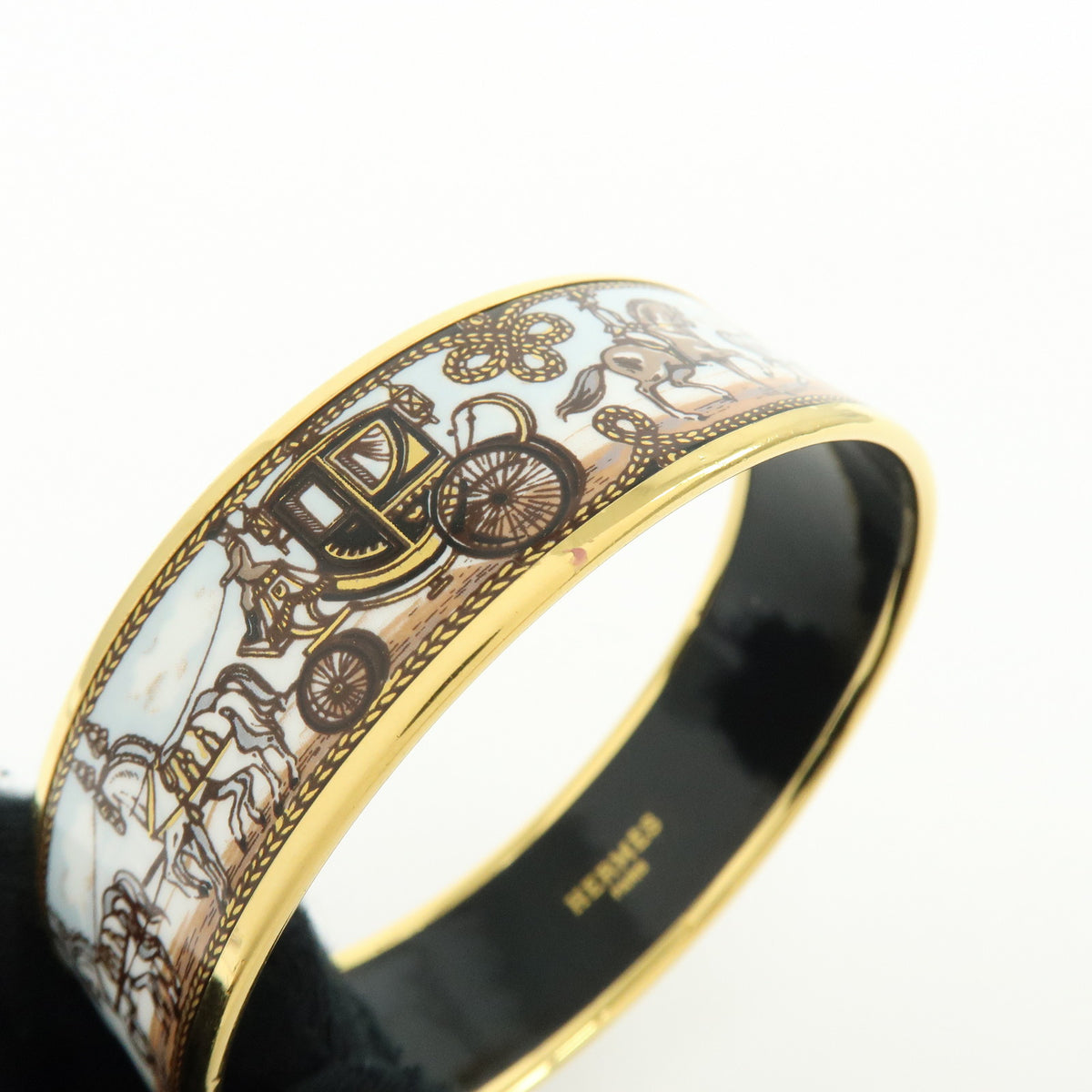 HERMES Email GM Gold Plated Bangle Bracelet Carriage Light Blue White