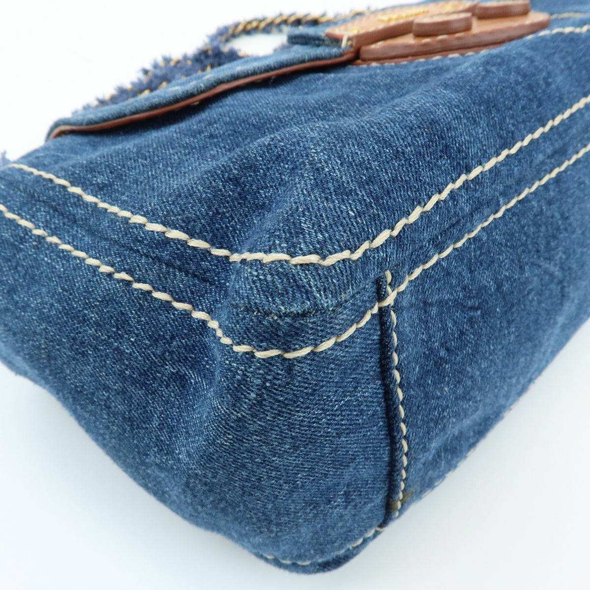 PRADA Front Flap Denim Leather Chain Shoulder Bag Blue Camel BR4659