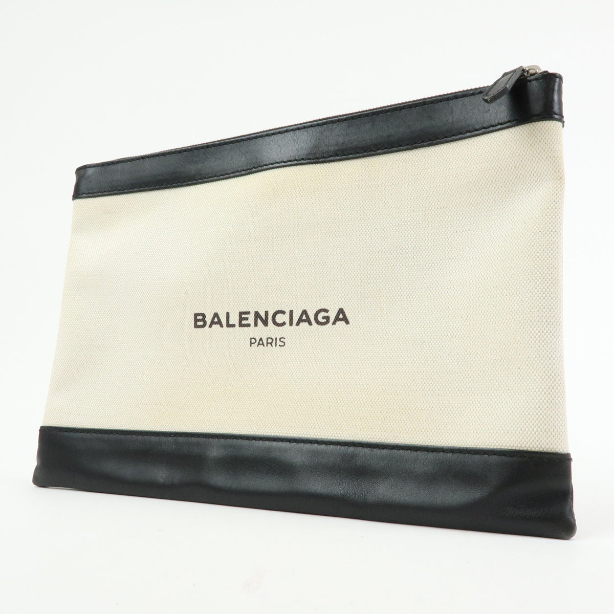 BALENCIAGA Navy Clip M Canvas Leather Clutch Bag Natural Black 373834