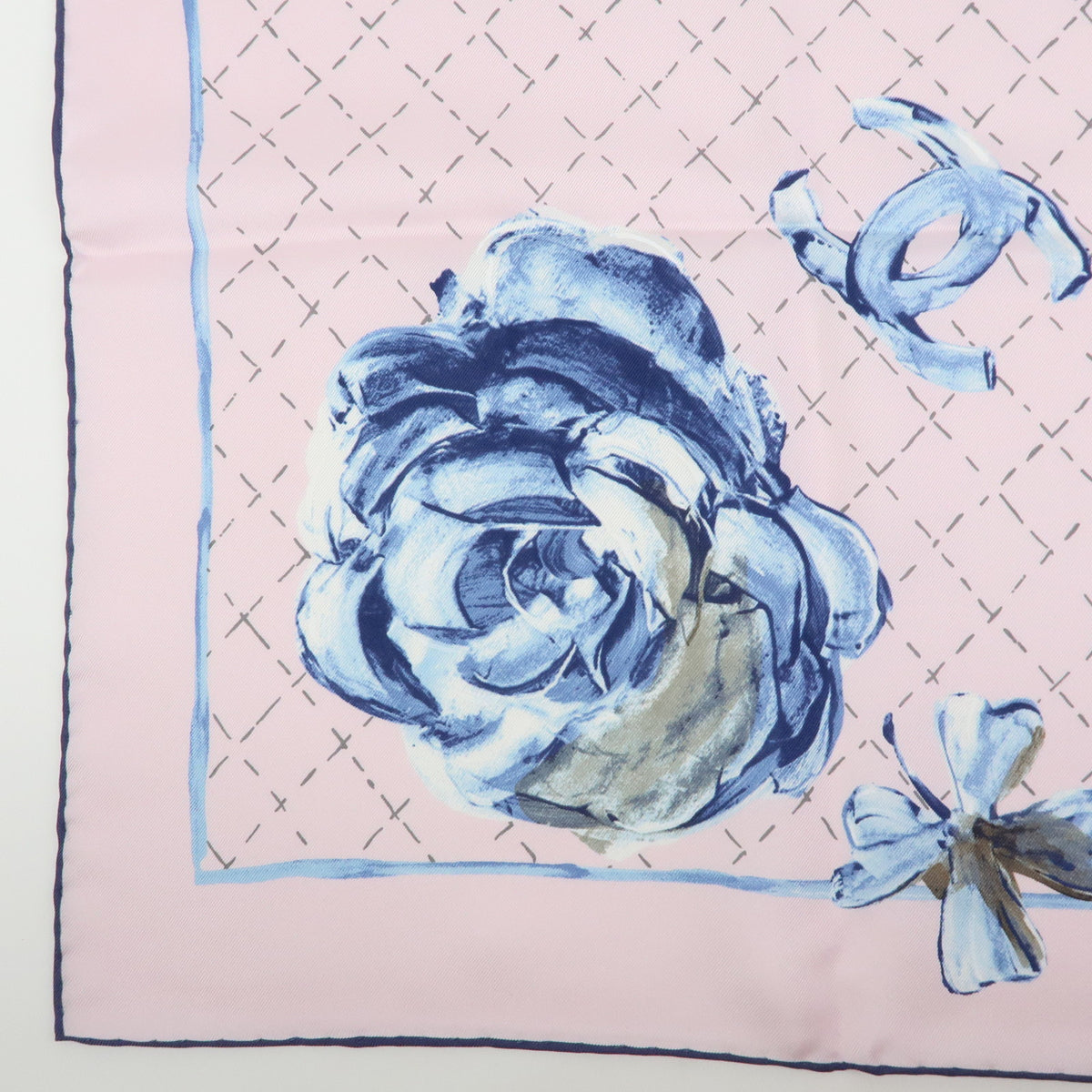 CHANEL COCO Mark Silk 100% Scarf Flower Rose Pink Blue
