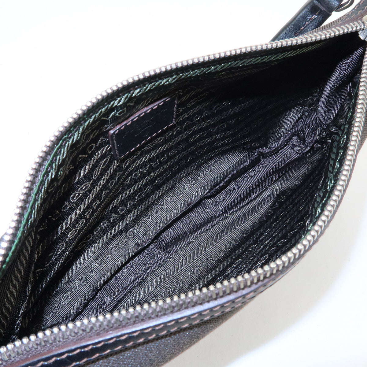 PRADA Logo Jacquard Leather Shoulder Bag Hand Bag Dark Brown