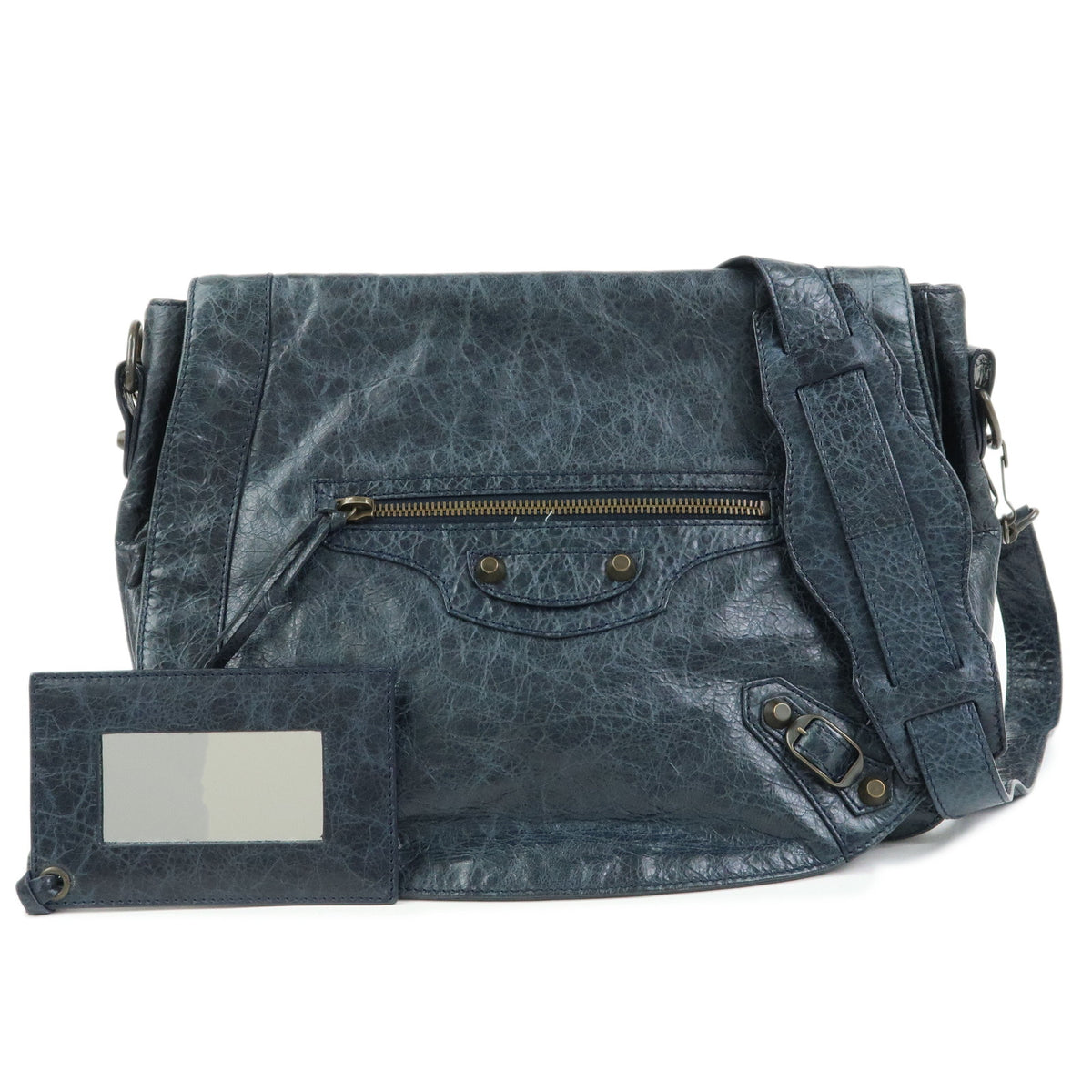 BALENCIAGA Classic Neo Folk Leather Shoulder Bag Dark Navy 285346