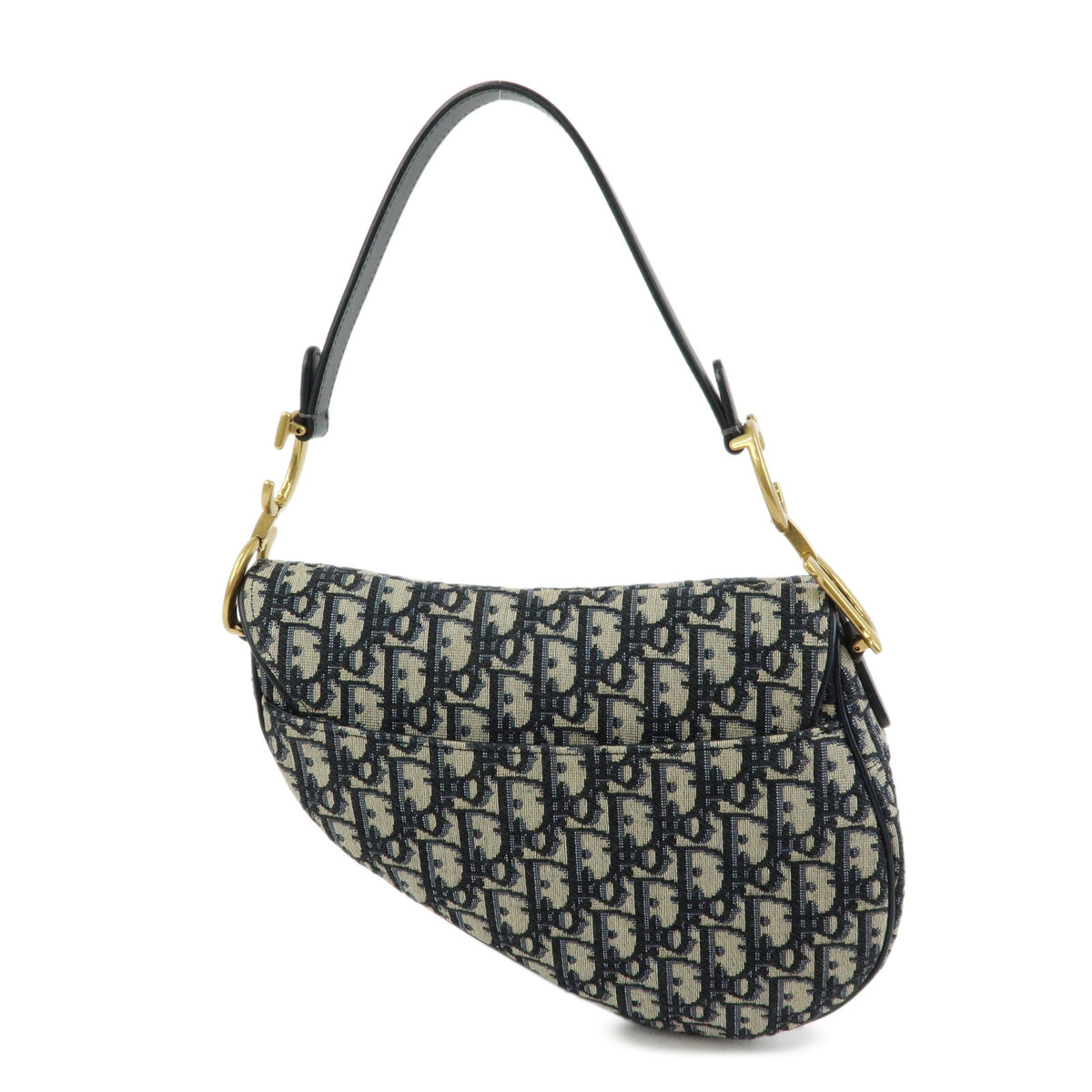 Christian Dior Saddle Oblique Jaquard Leather Shoulder Bag Navy Beige